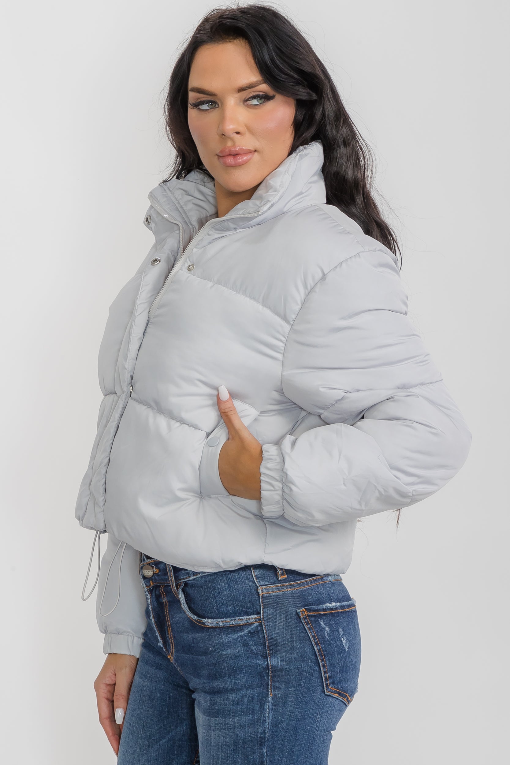 6857 - Crop Puffer Jacket - Zipper and Drawstring with Pockets