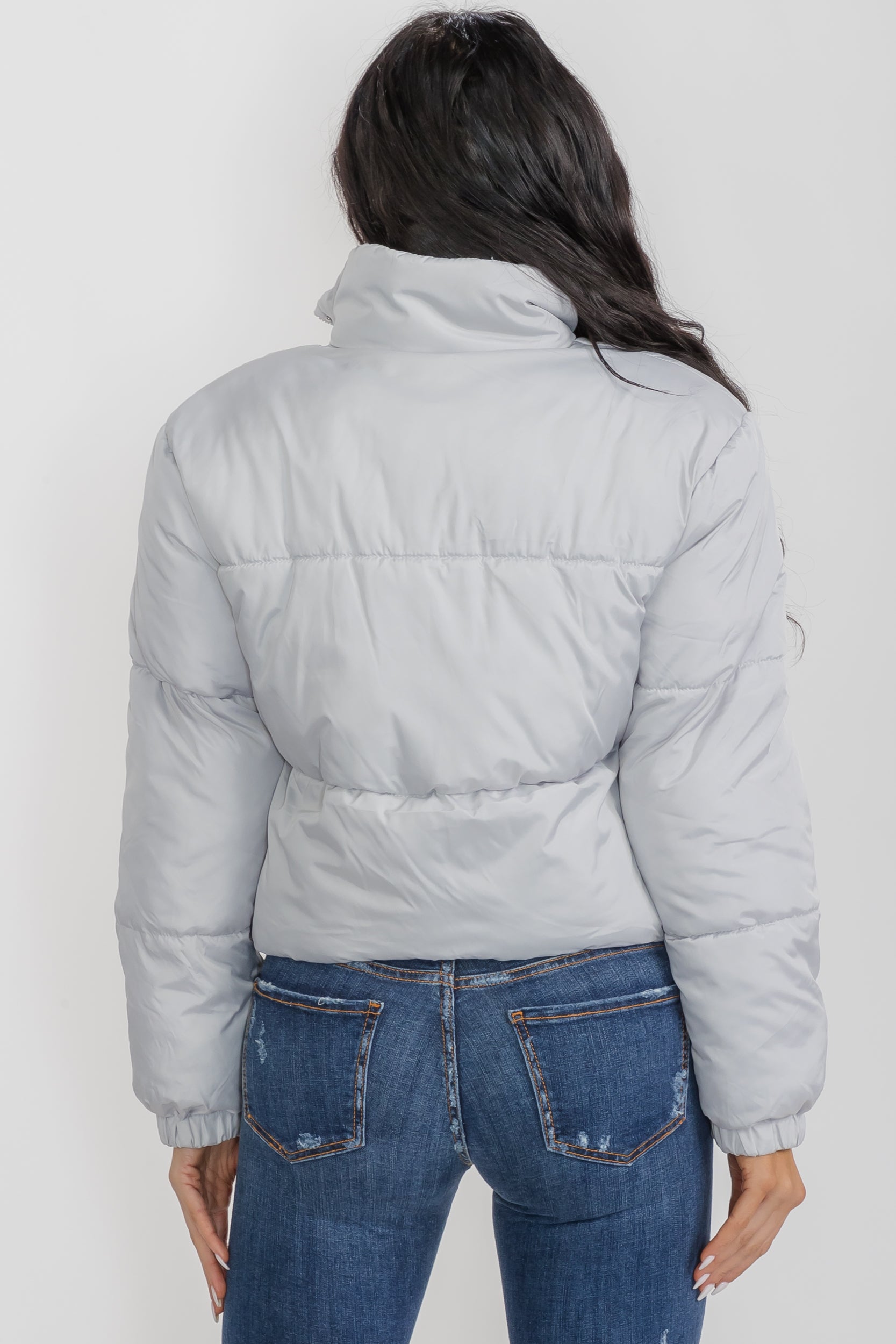 6857 - Crop Puffer Jacket - Zipper and Drawstring with Pockets