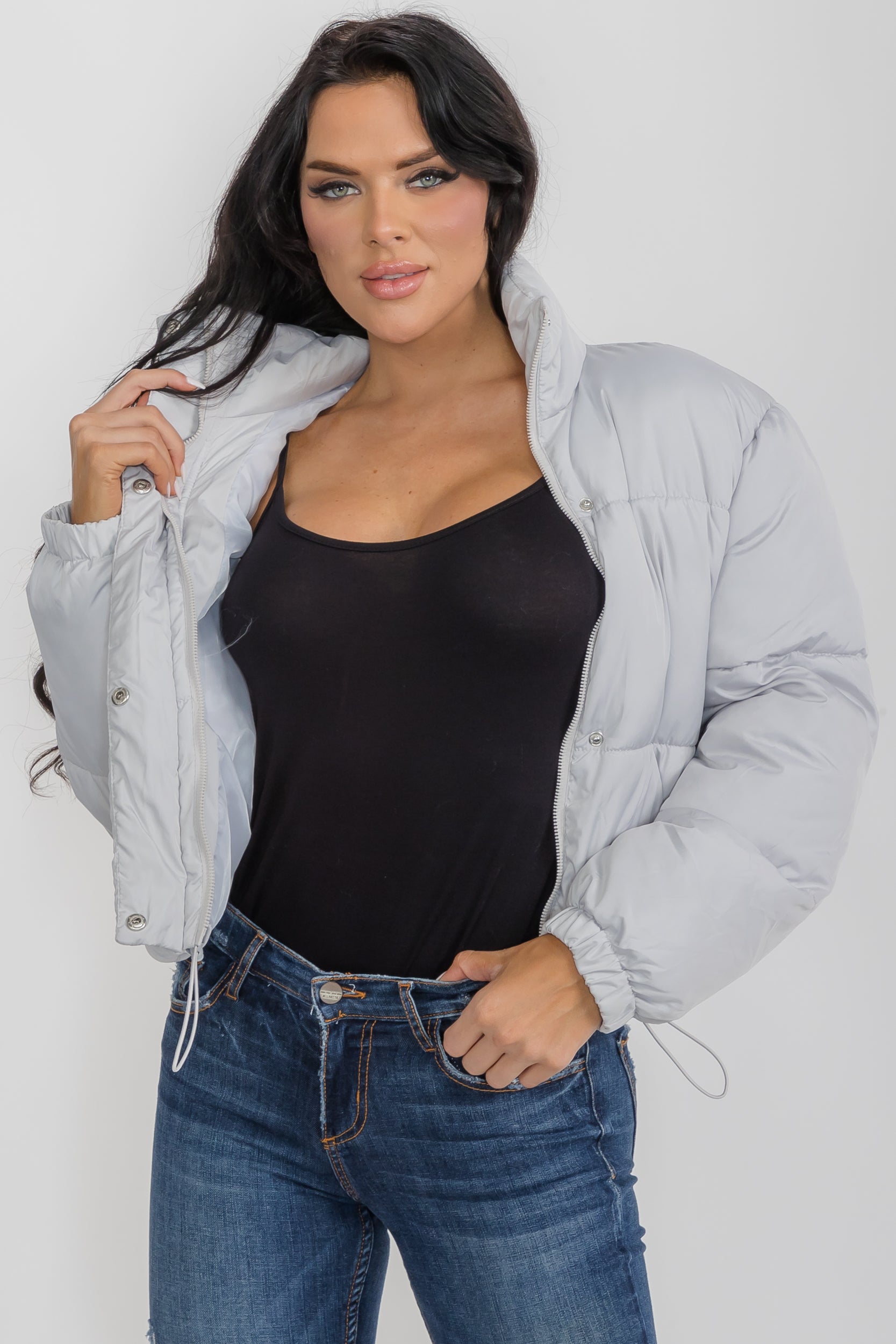 6857 - Crop Puffer Jacket - Zipper and Drawstring with Pockets