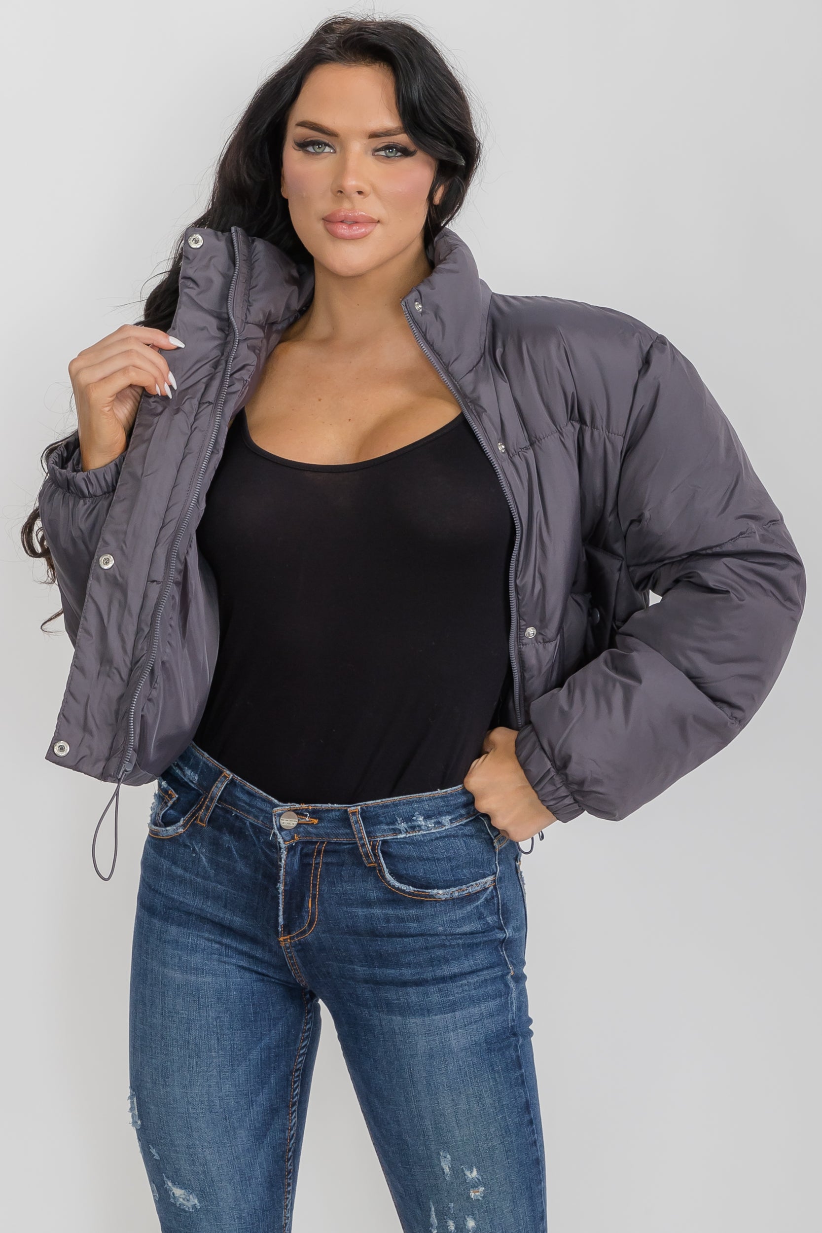 6857 - Crop Puffer Jacket - Zipper and Drawstring with Pockets