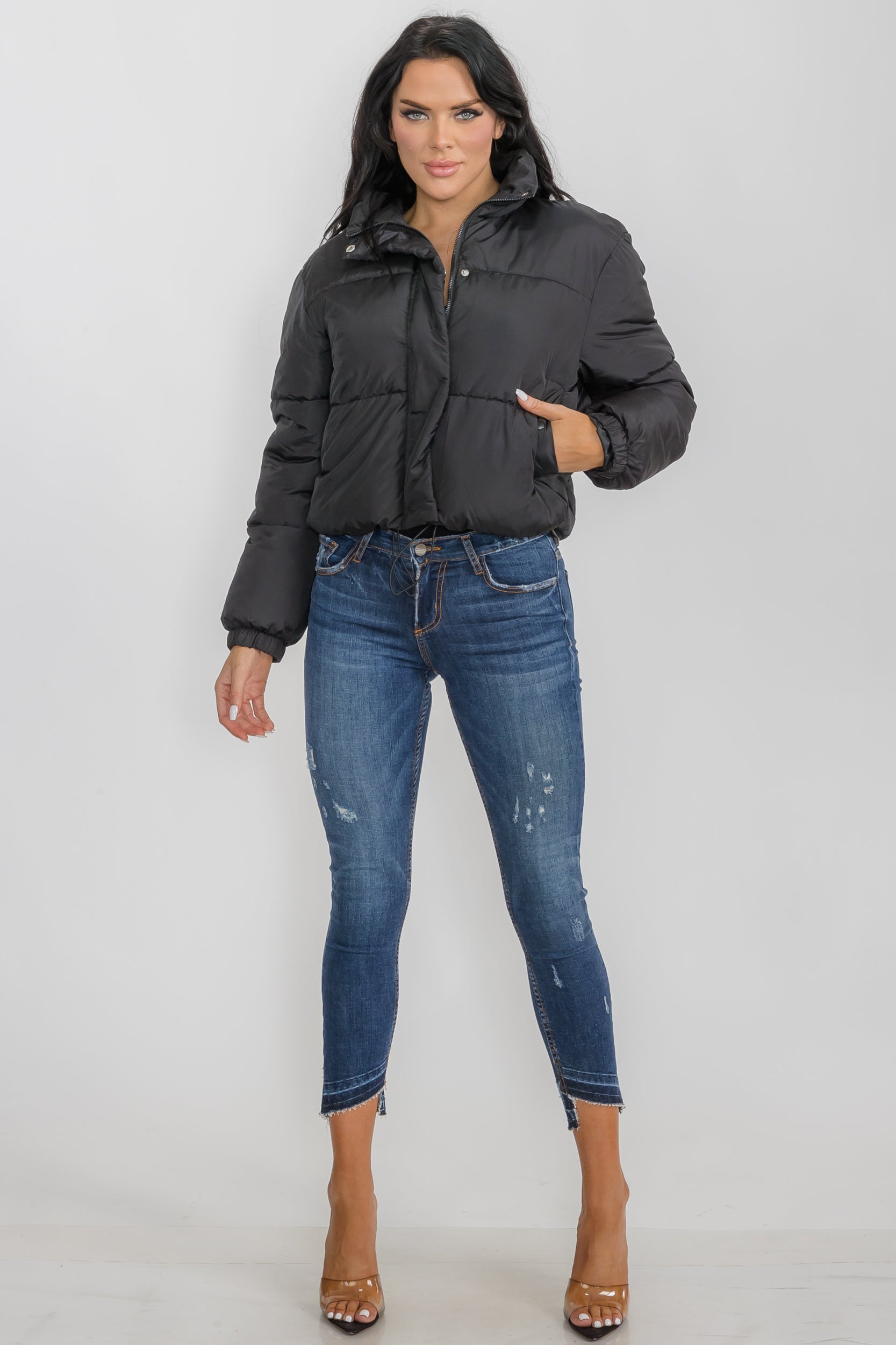 6857 - Crop Puffer Jacket - Zipper and Drawstring with Pockets