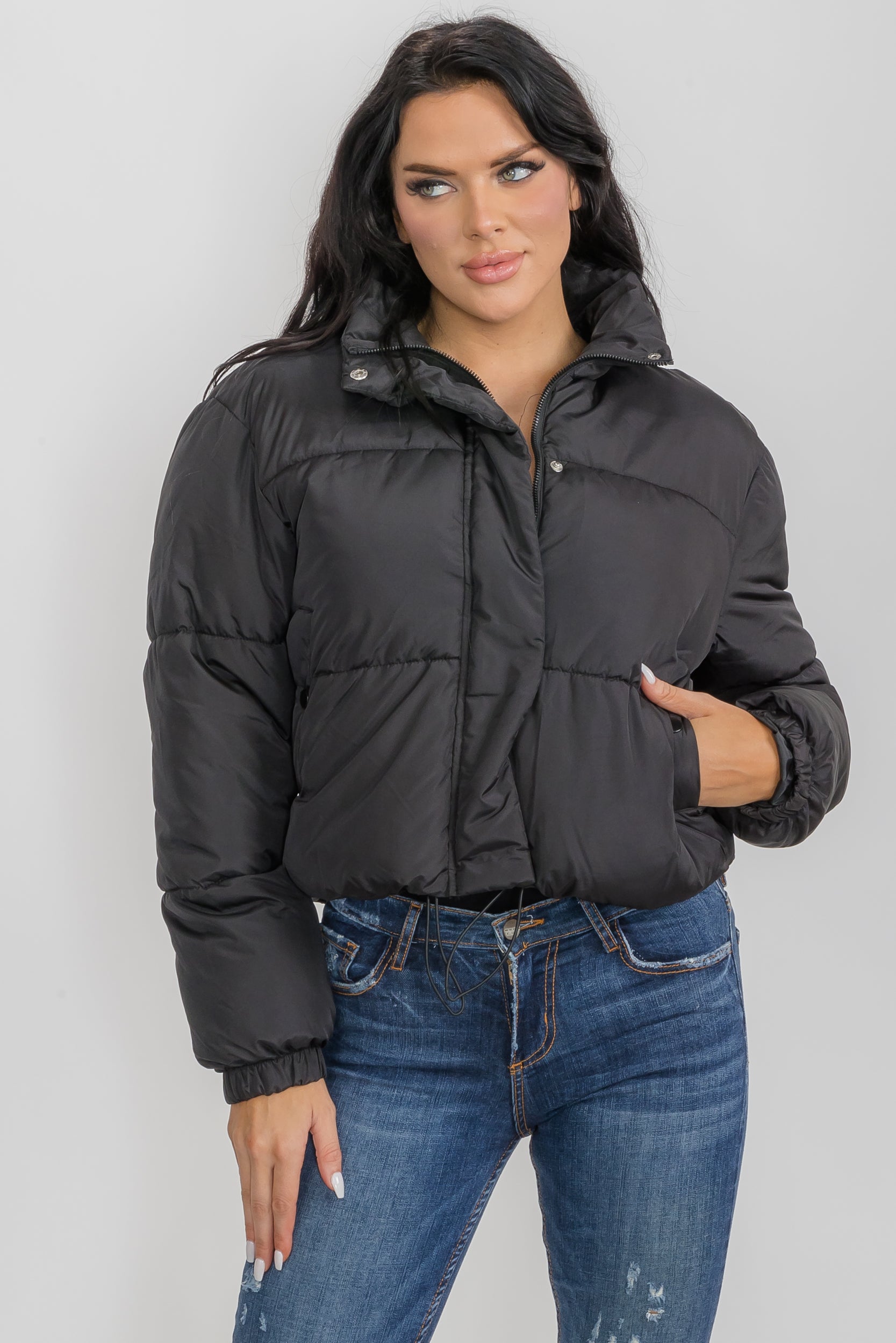 6857 - Crop Puffer Jacket - Zipper and Drawstring with Pockets