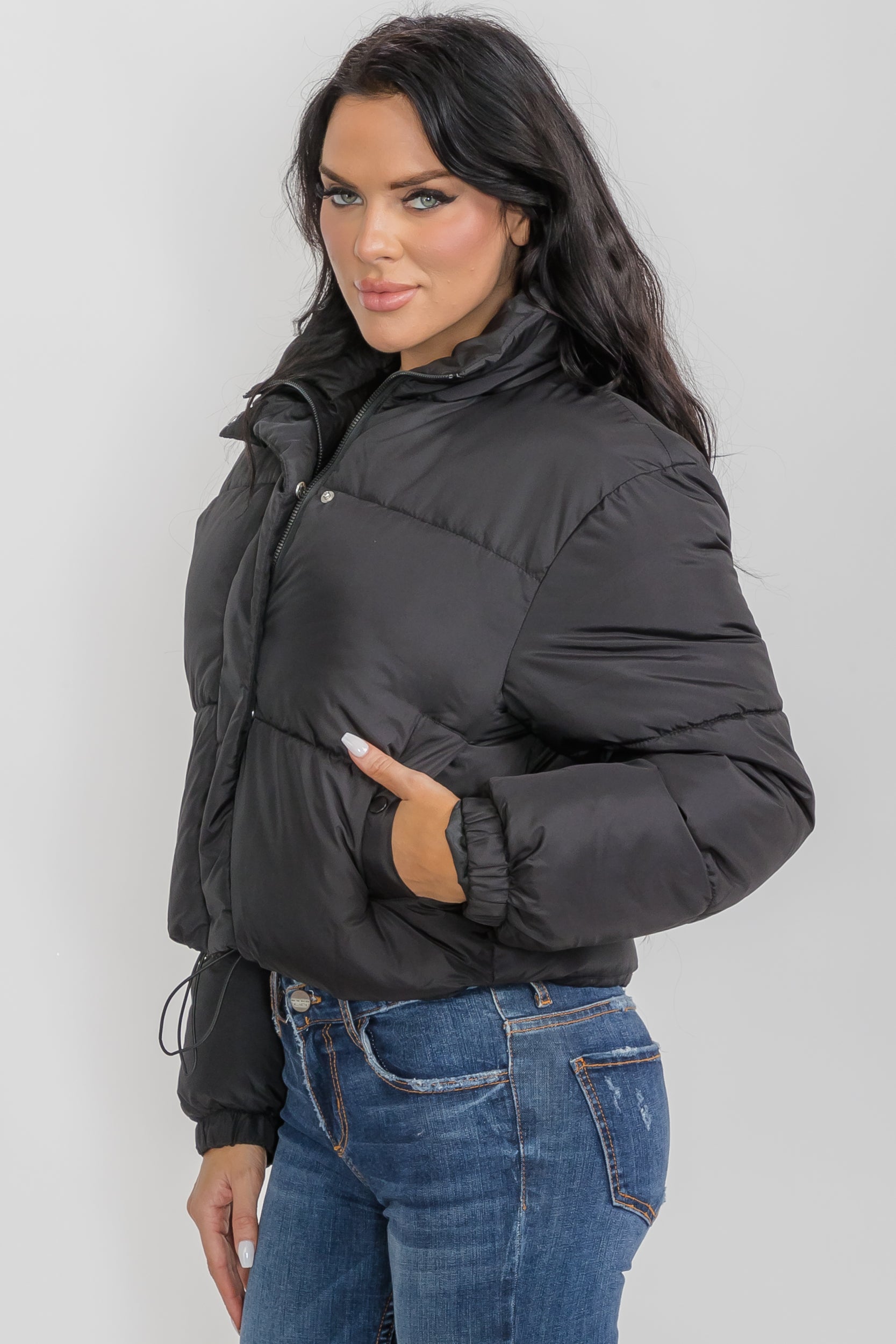 6857 - Crop Puffer Jacket - Zipper and Drawstring with Pockets