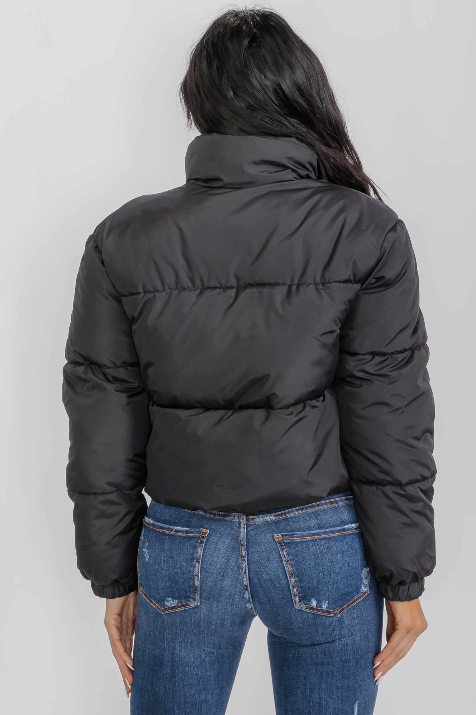 6857 - Crop Puffer Jacket - Zipper and Drawstring with Pockets