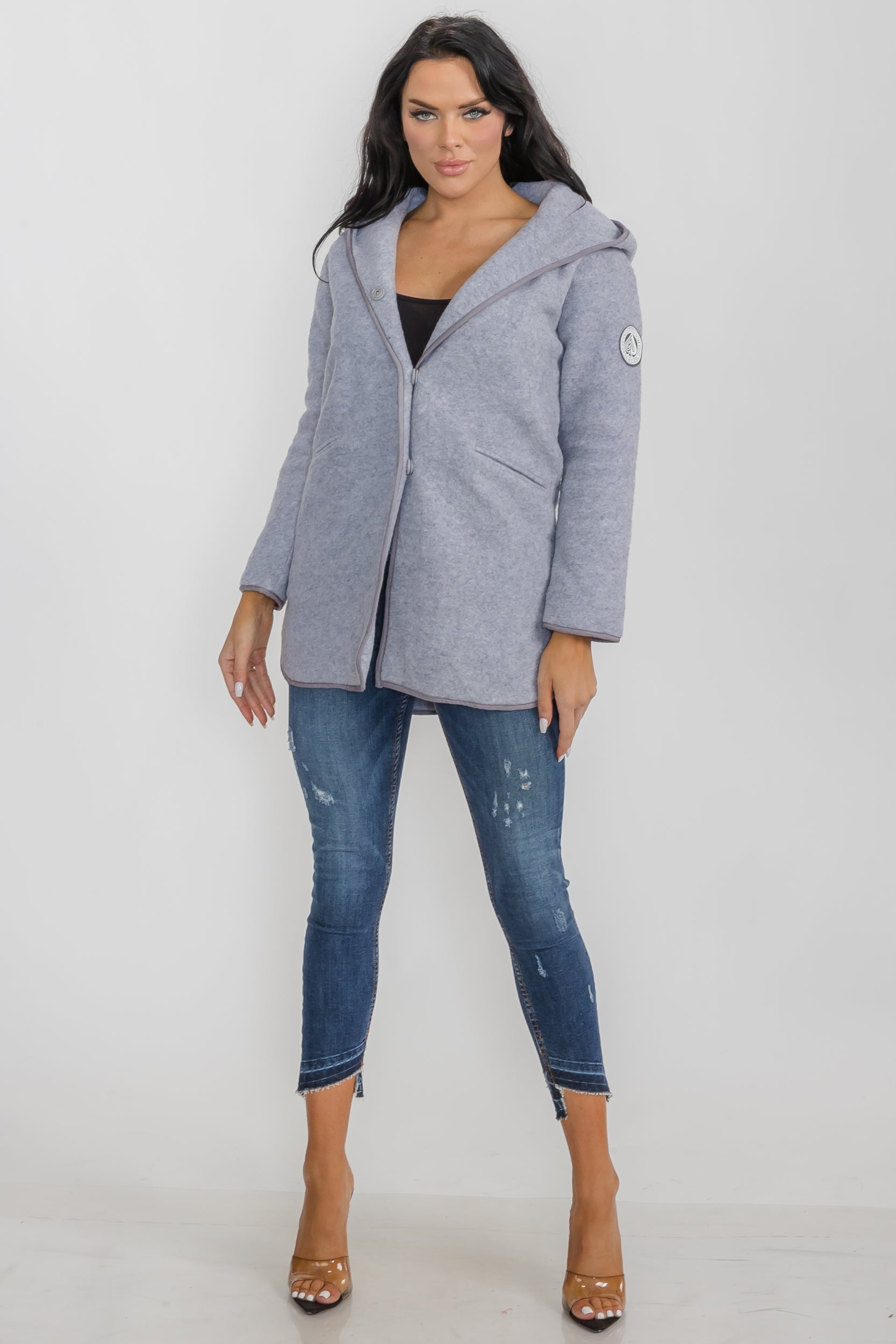 M1598 Gray Wool Coat - Knee length with Hoodie and Pockets