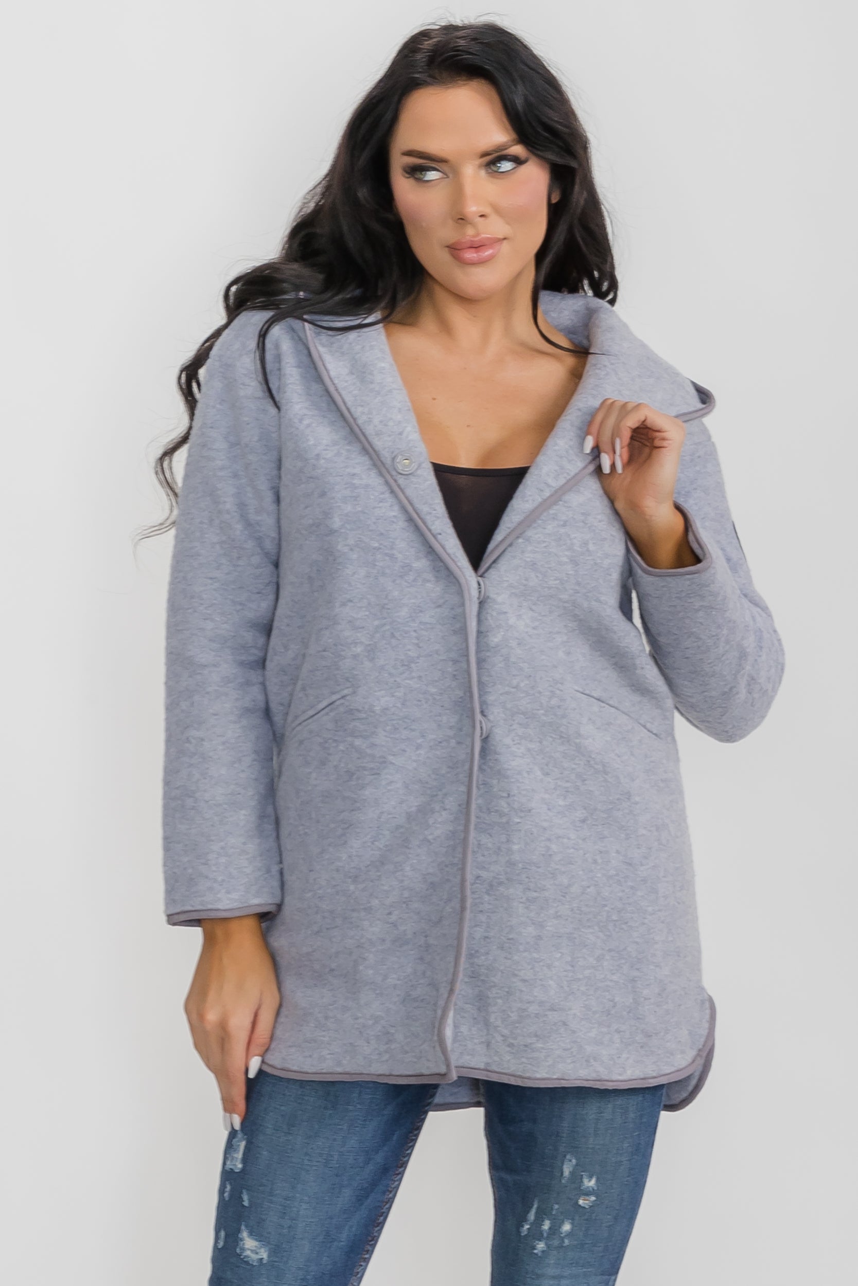 M1598 Gray Wool Coat - Knee length with Hoodie and Pockets