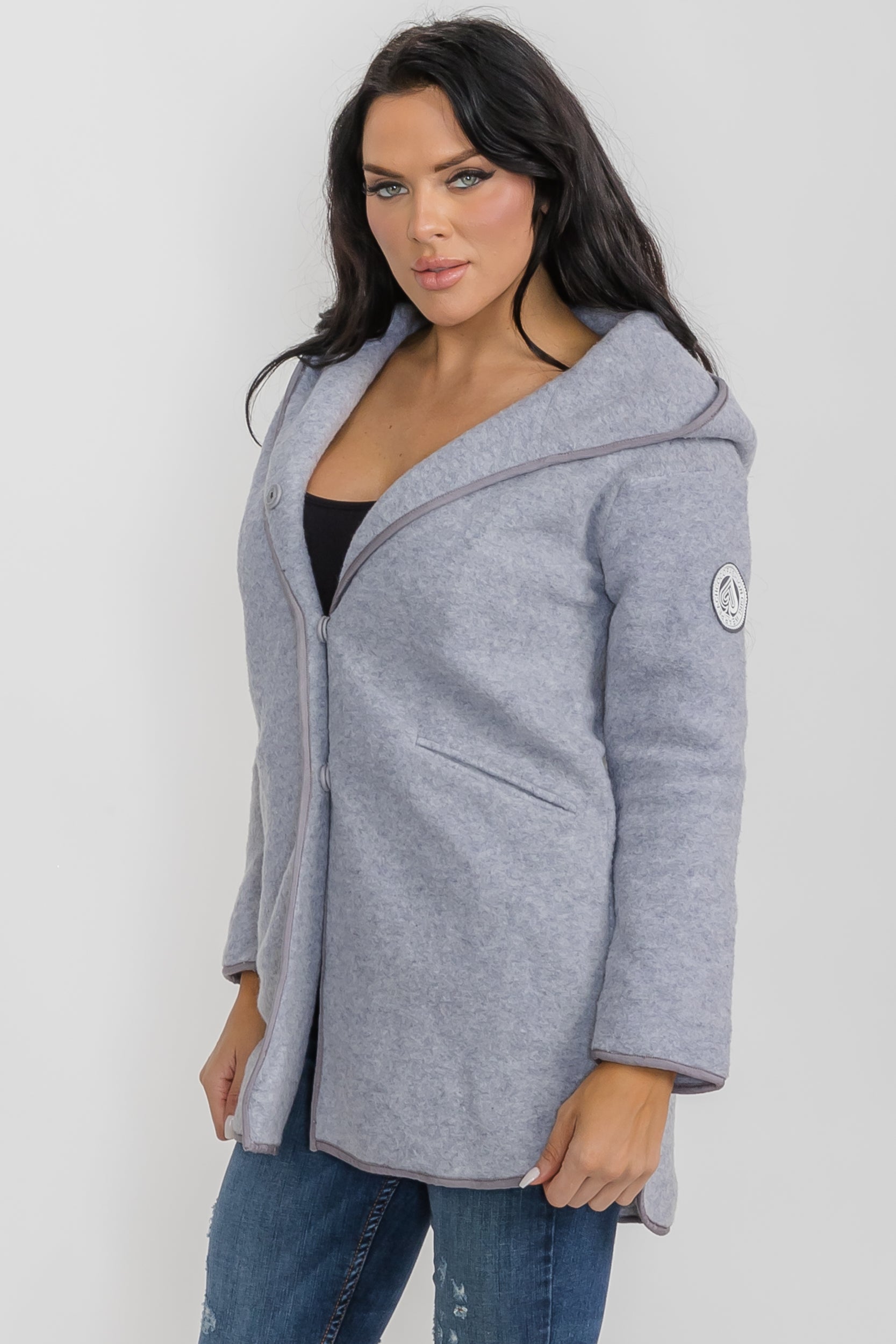 M1598 Gray Wool Coat - Knee length with Hoodie and Pockets