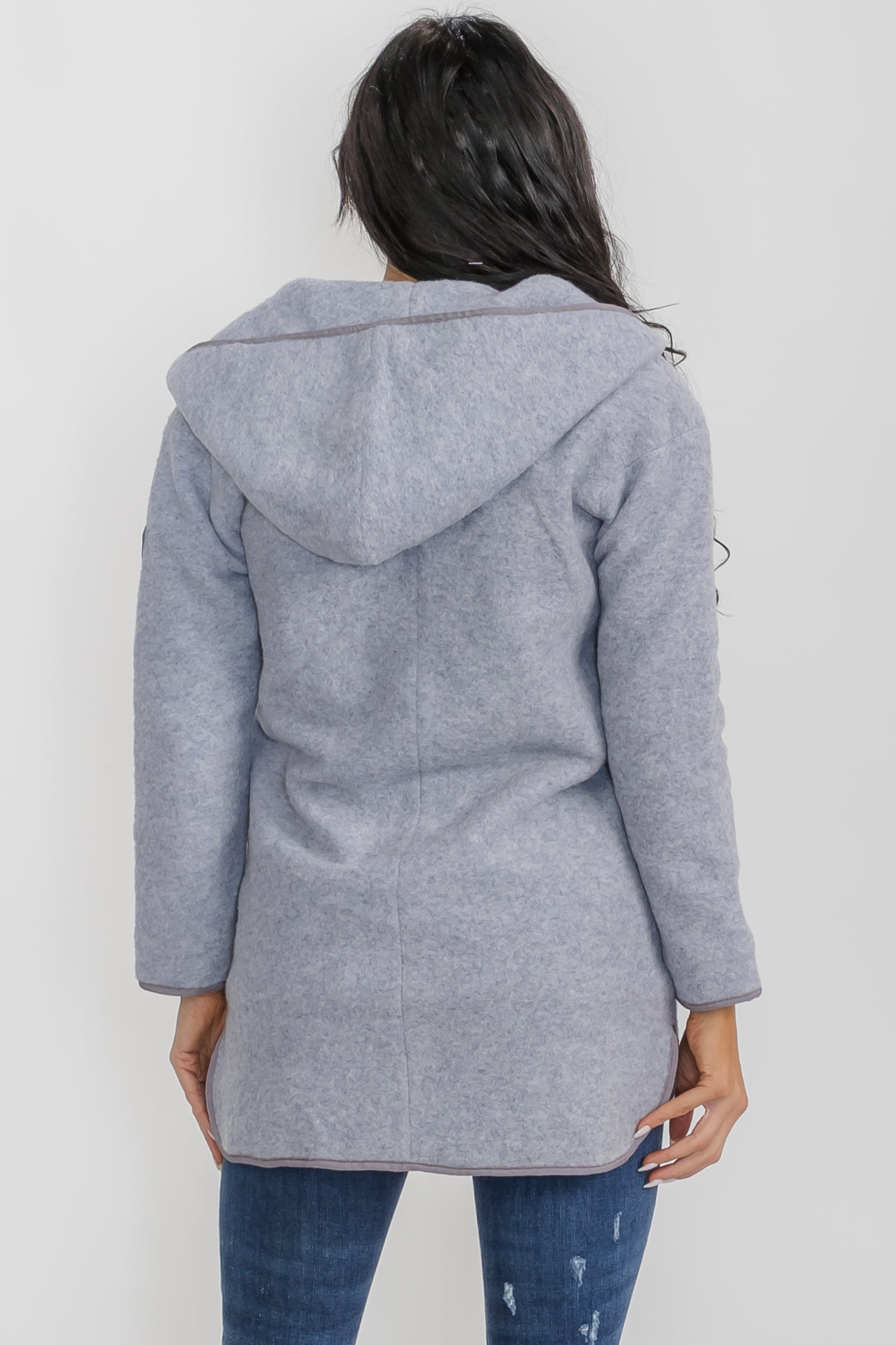 M1598 Gray Wool Coat - Knee length with Hoodie and Pockets