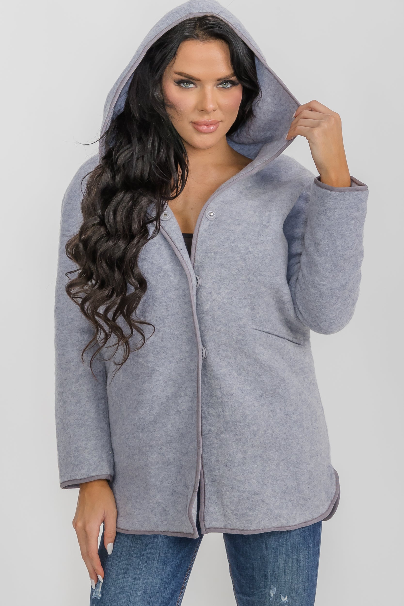 M1598 Gray Wool Coat - Knee length with Hoodie and Pockets