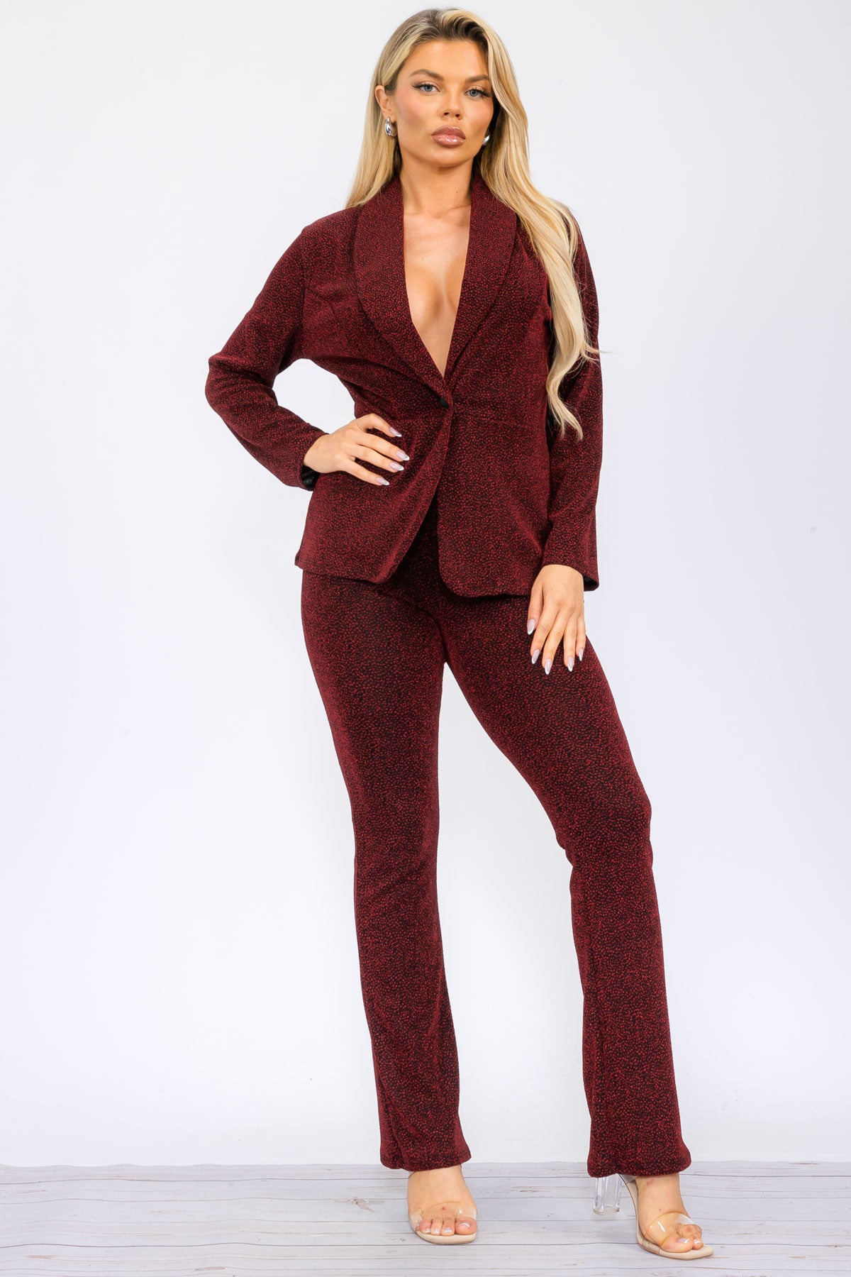 HH741R- SOLID - 2PC SEQUIN PANT AND BLAZER SET