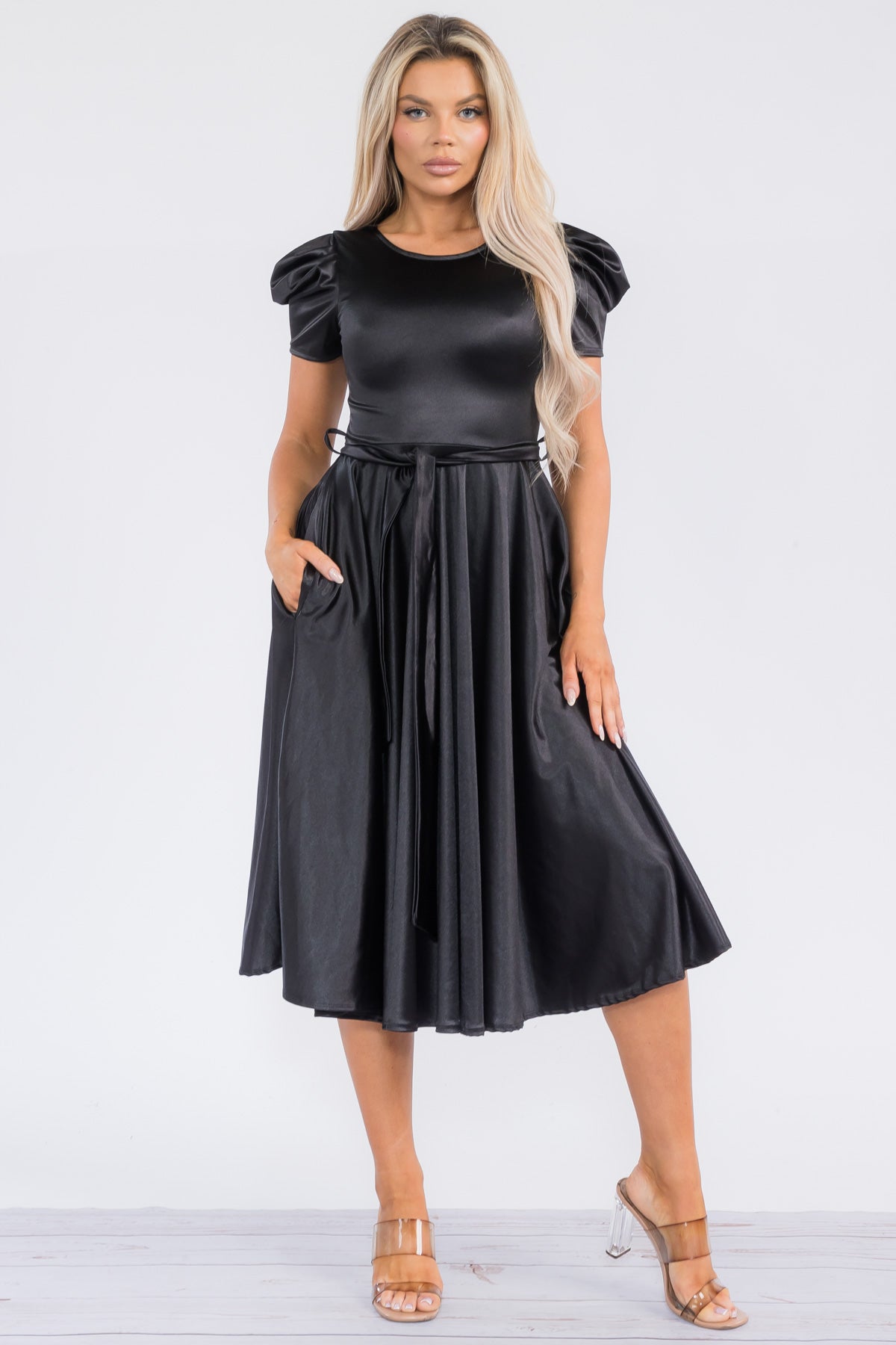 HH698X-STN - PUFF SLEEVE MIDI COCKTAIL DRESS