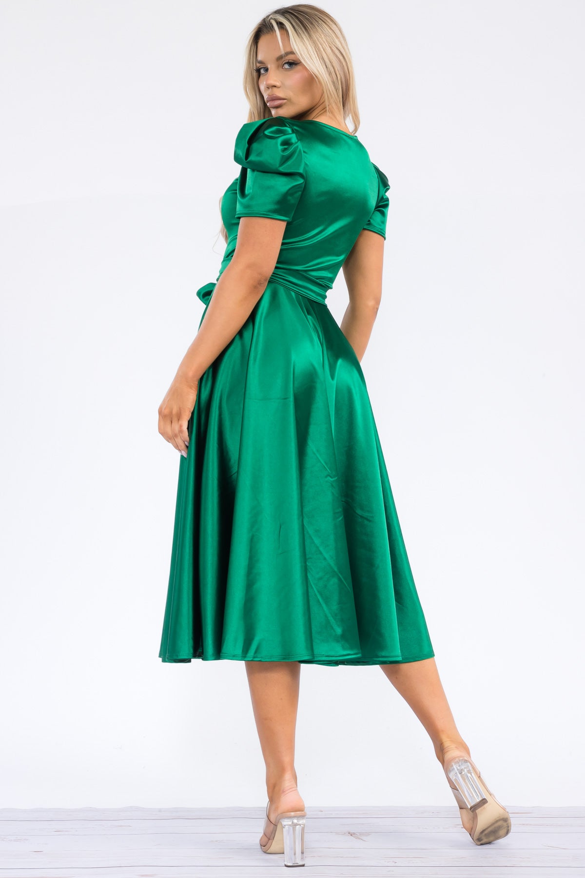 HH698X-STN - PUFF SLEEVE MIDI COCKTAIL DRESS