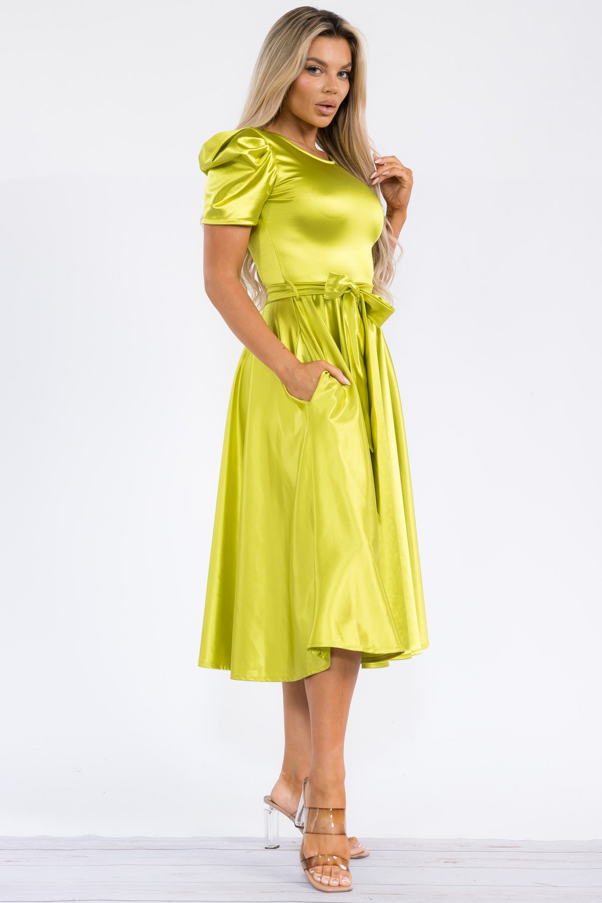 HH698X-STN - PUFF SLEEVE MIDI COCKTAIL DRESS