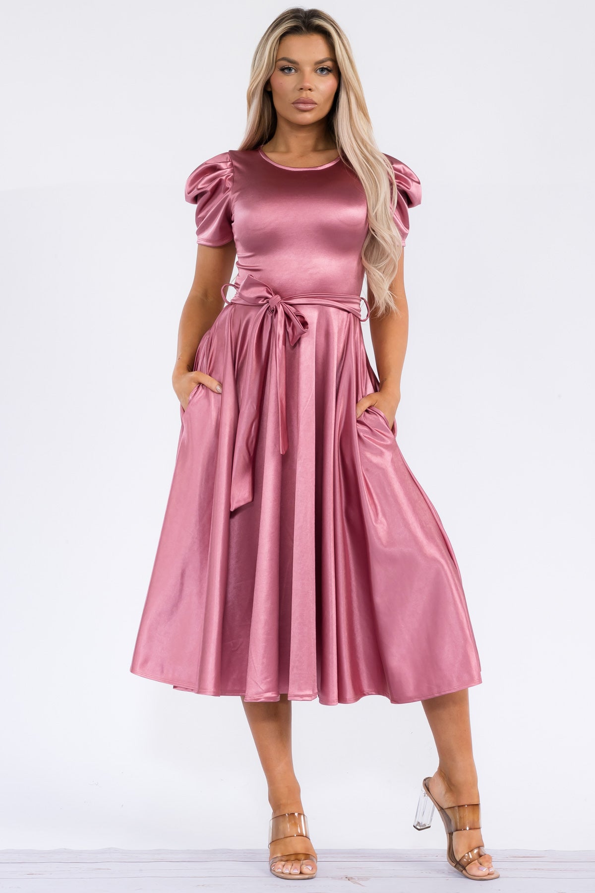 HH698X-STN - PUFF SLEEVE MIDI COCKTAIL DRESS