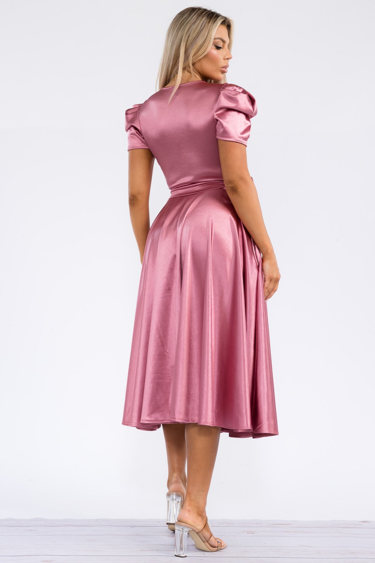 HH698X-STN - PUFF SLEEVE MIDI COCKTAIL DRESS