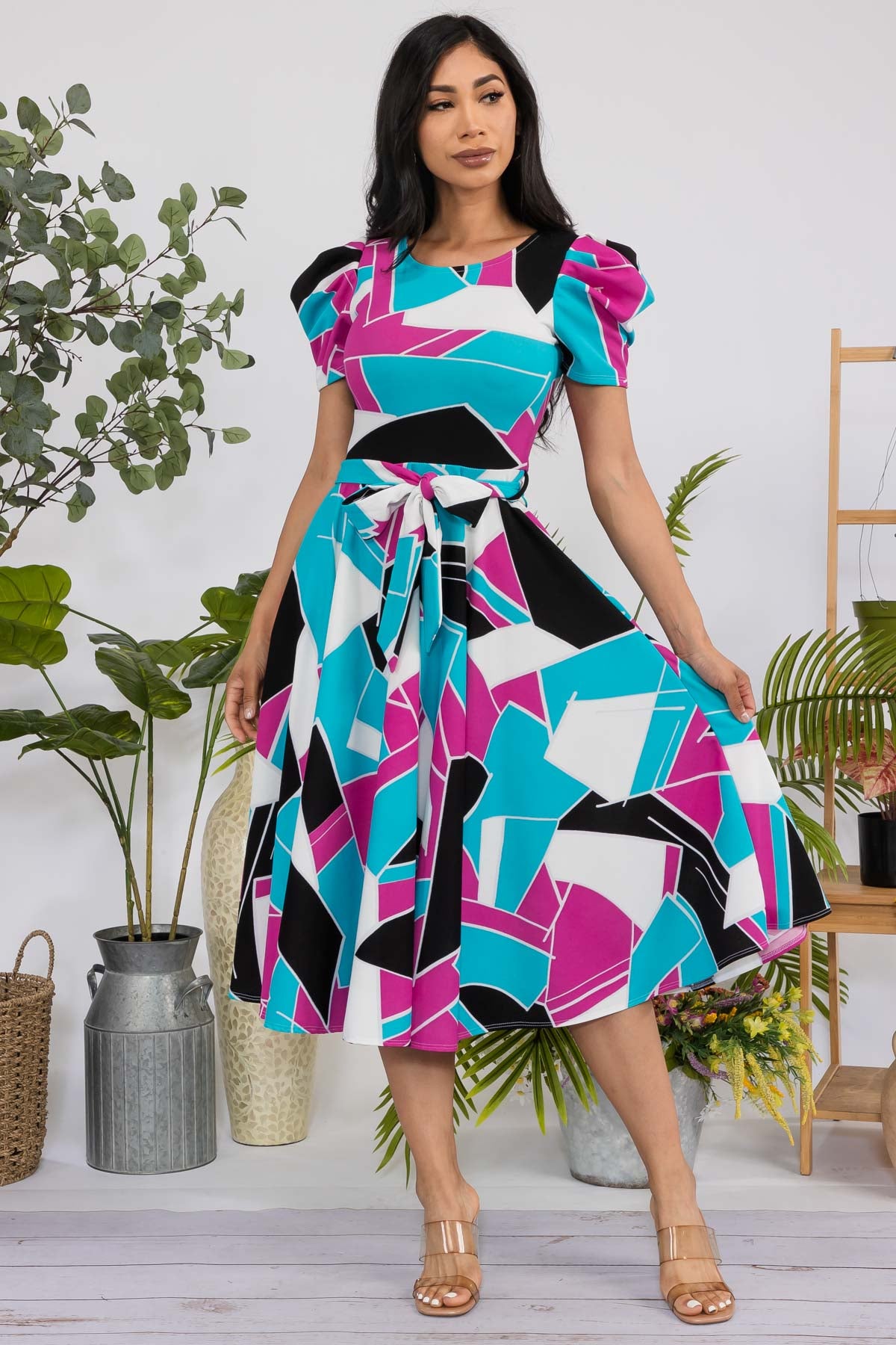 HH698R-ABSTRACT - PUFF SLEEVE MIDI COCKTAIL DRESS