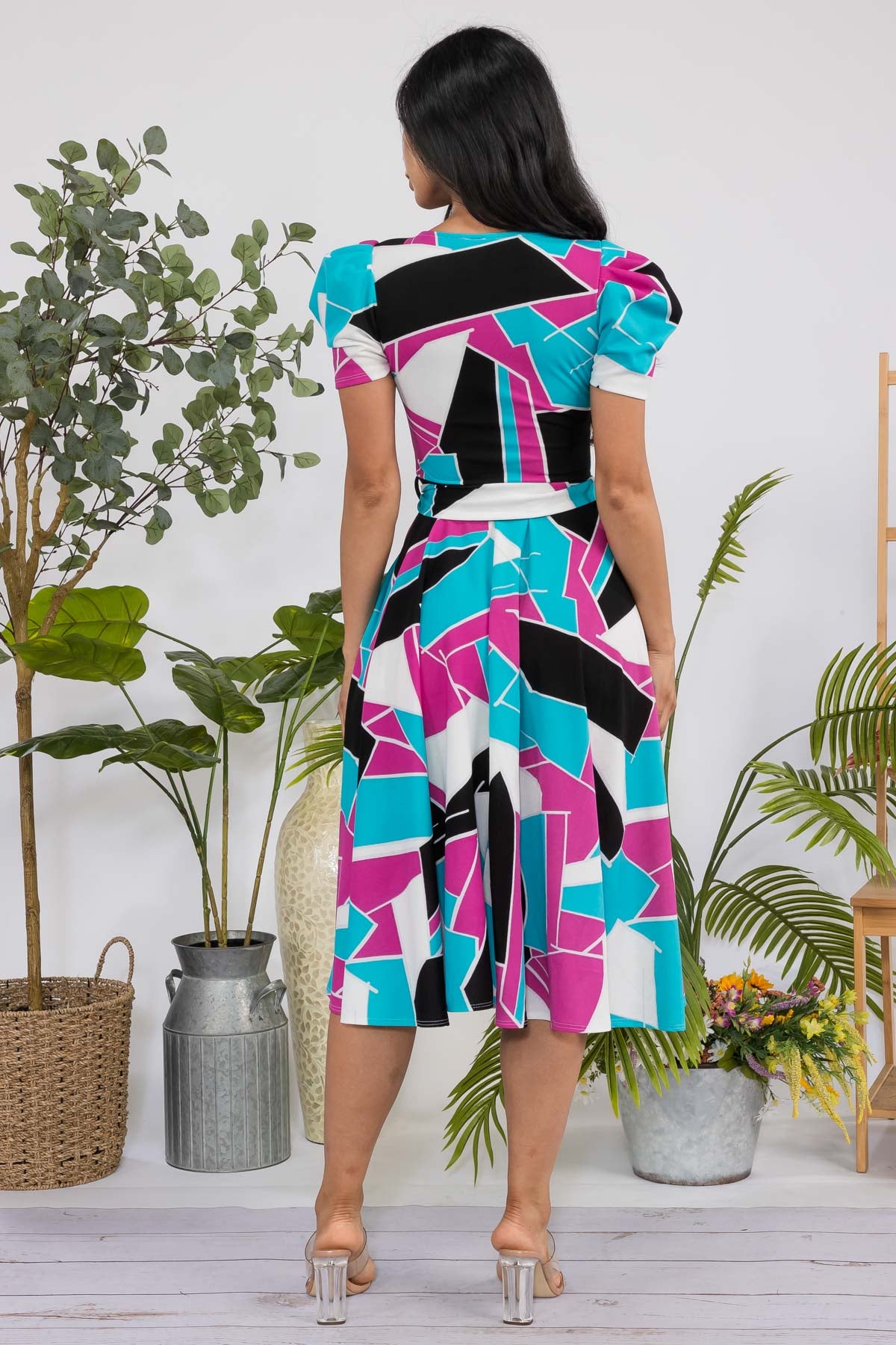 HH698R-ABSTRACT - PUFF SLEEVE MIDI COCKTAIL DRESS