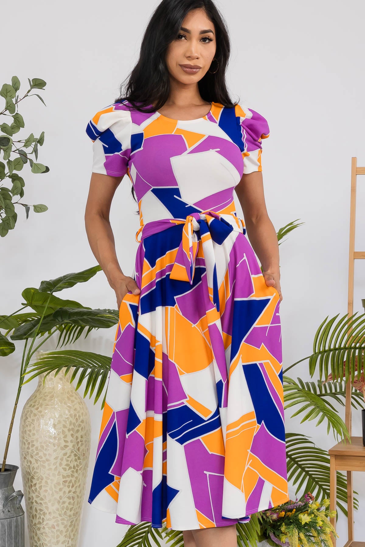 HH698R-ABSTRACT - PUFF SLEEVE MIDI COCKTAIL DRESS