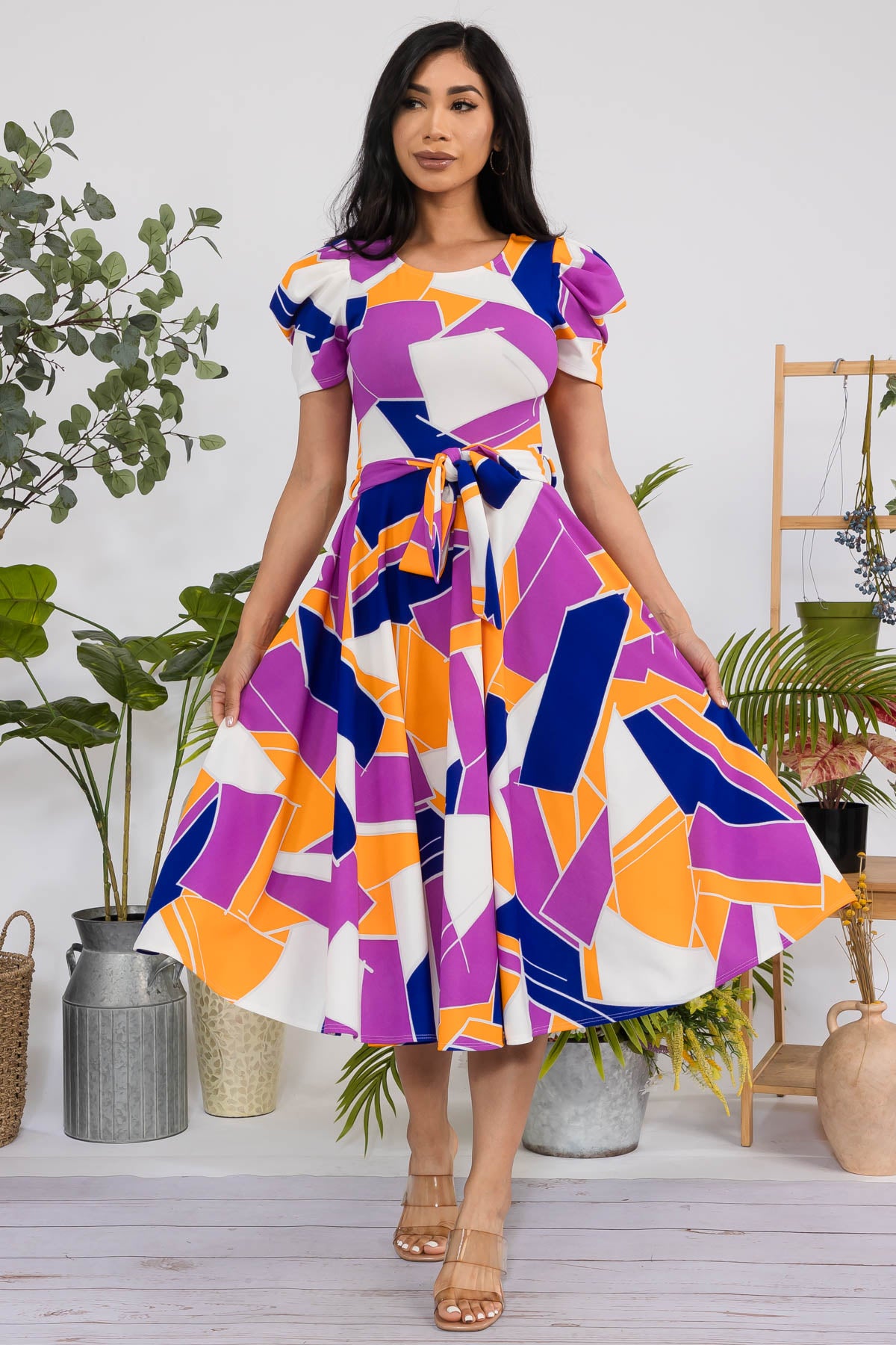 HH698R-ABSTRACT - PUFF SLEEVE MIDI COCKTAIL DRESS