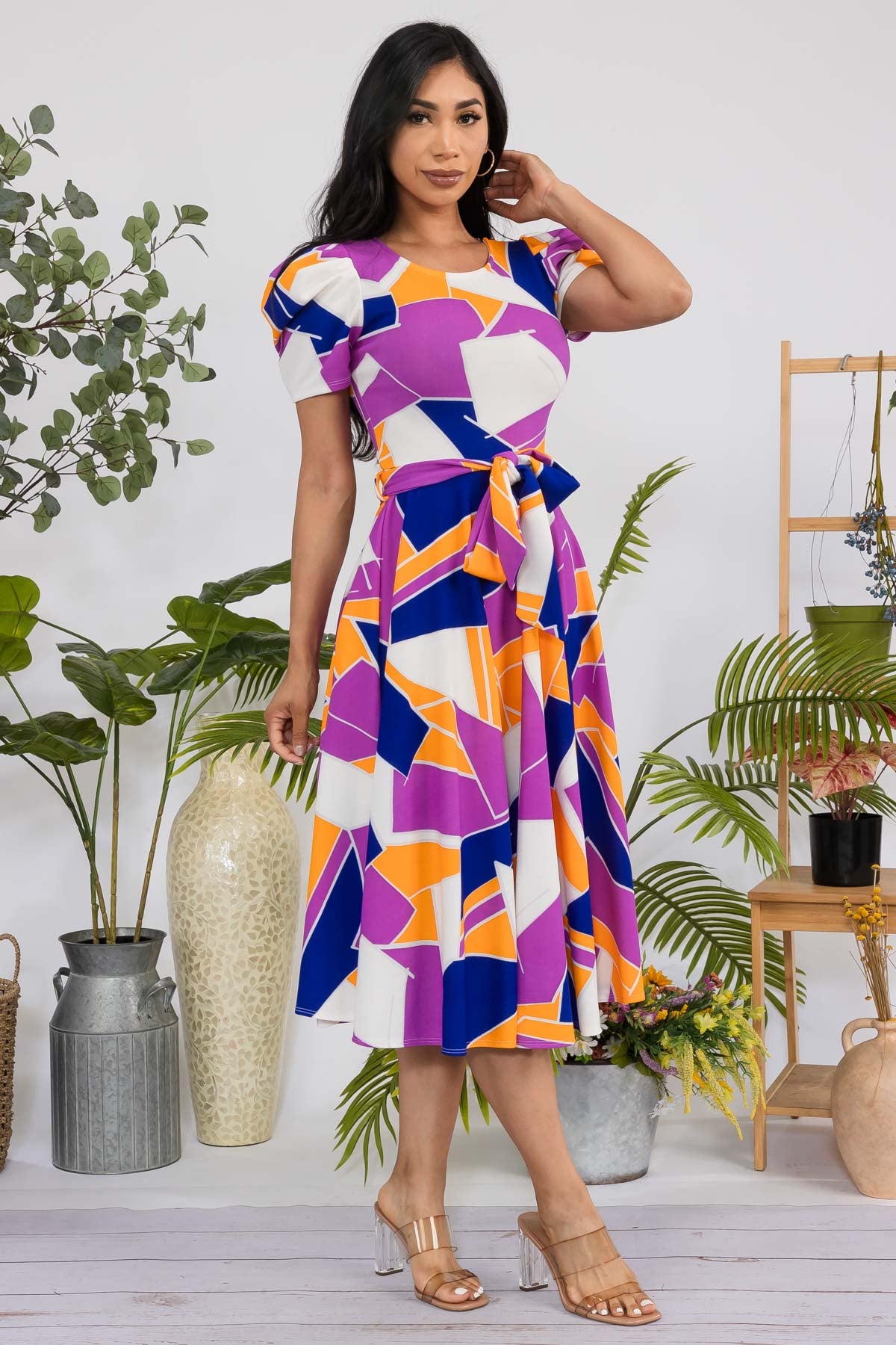 HH698R-ABSTRACT - PUFF SLEEVE MIDI COCKTAIL DRESS