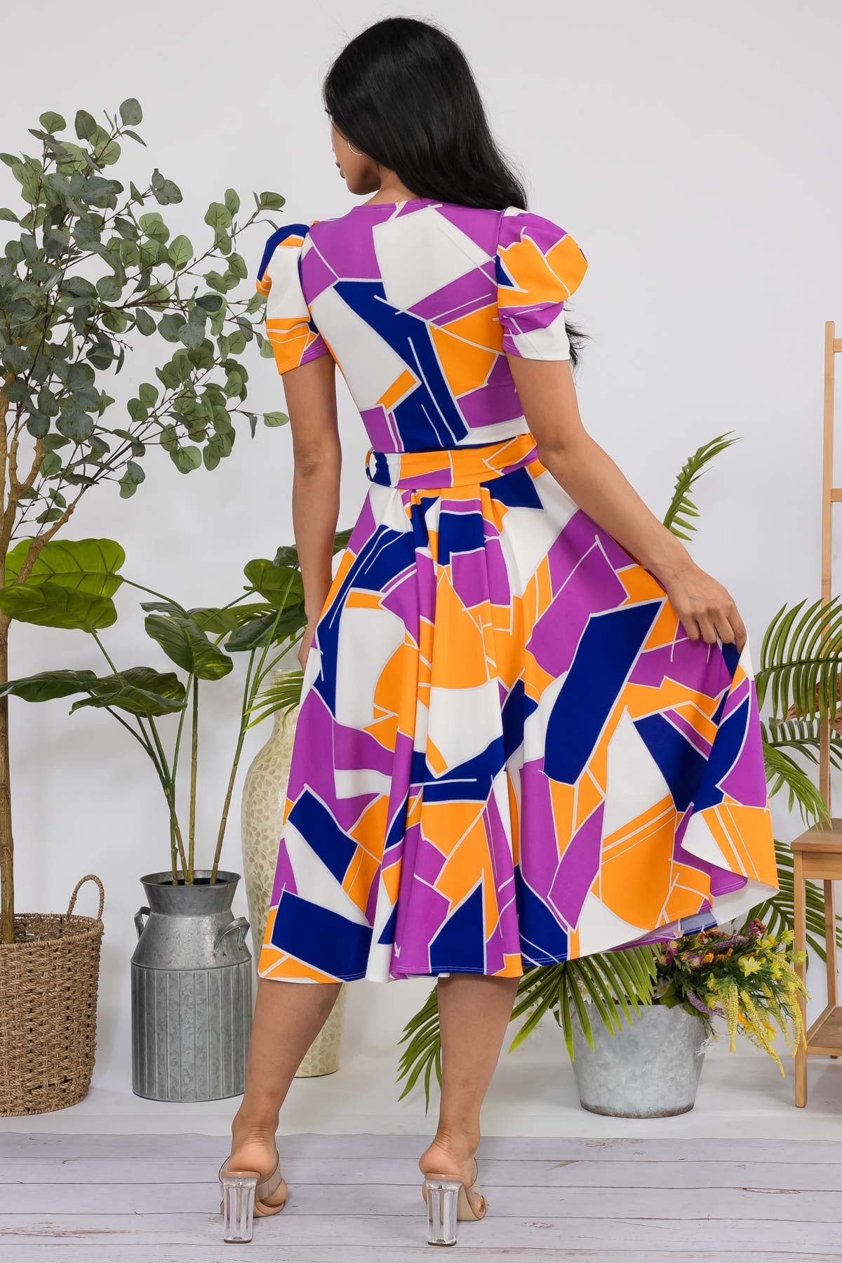 HH698R-ABSTRACT - PUFF SLEEVE MIDI COCKTAIL DRESS