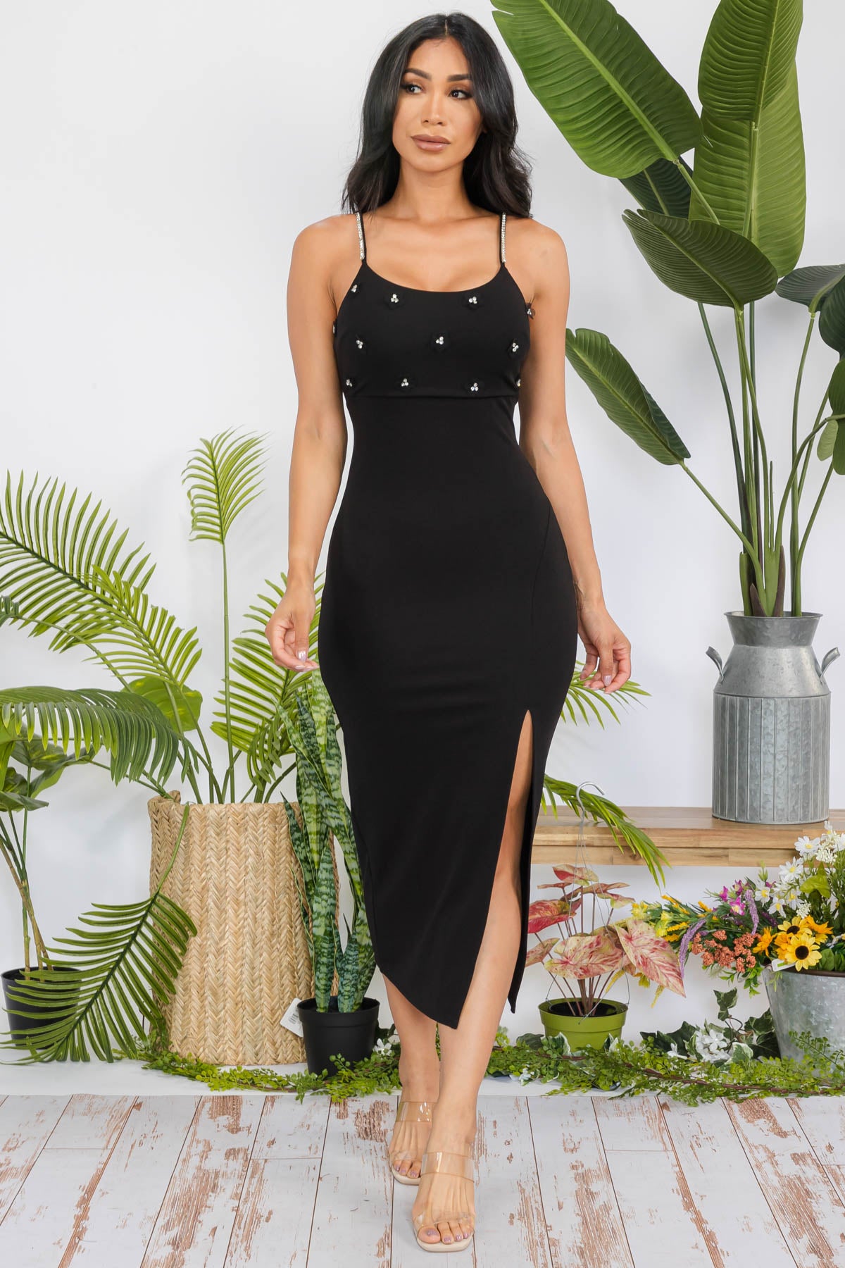 KD9641 - Thin Strap Rinestone Detail Dress