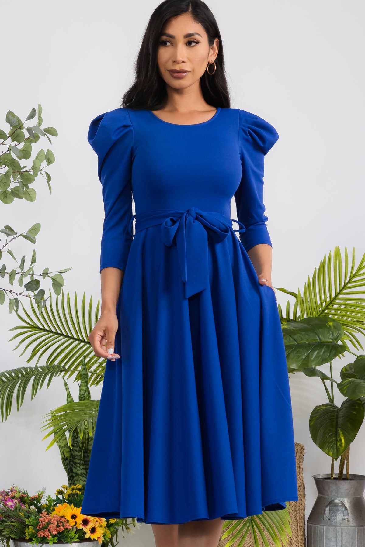 HH698R-LS-S - PUFF LONG SLEEVE MIDI COCKTAIL DRESS