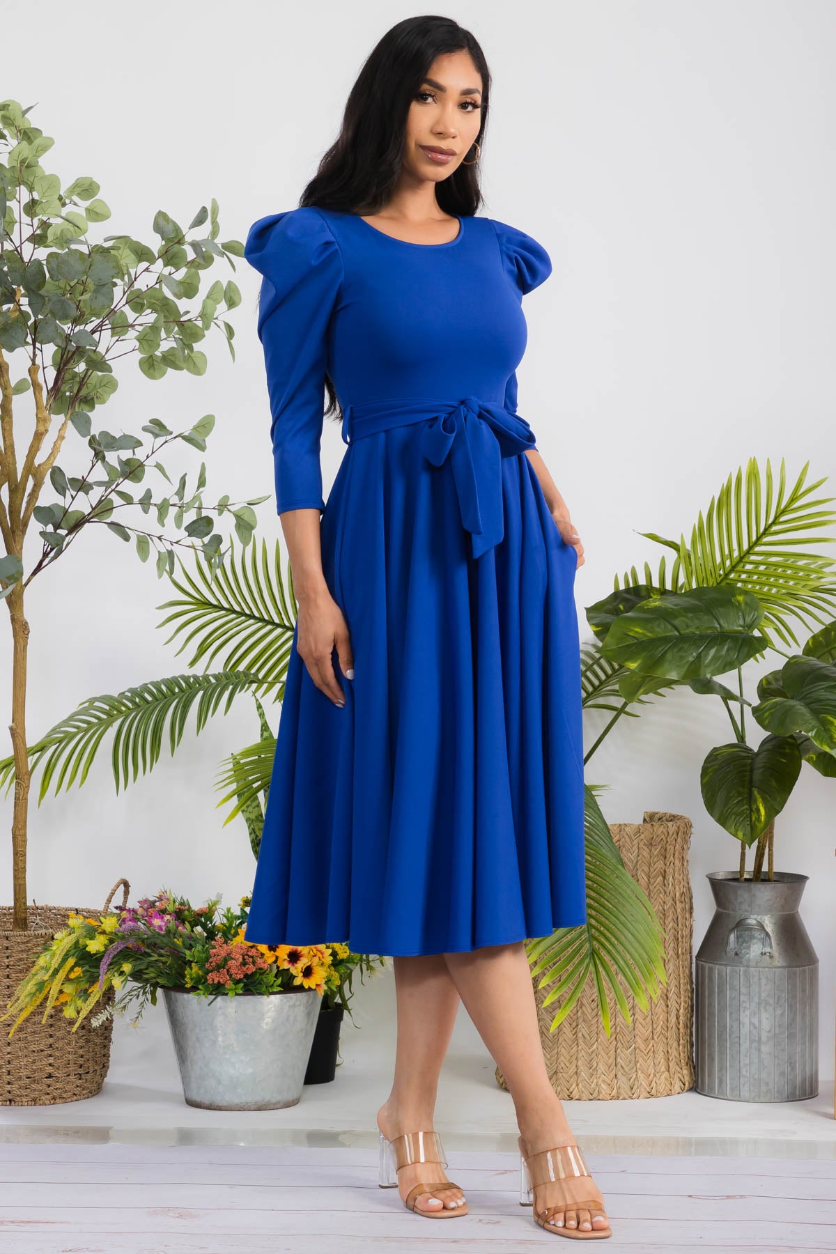 HH698R-LS-S - PUFF LONG SLEEVE MIDI COCKTAIL DRESS