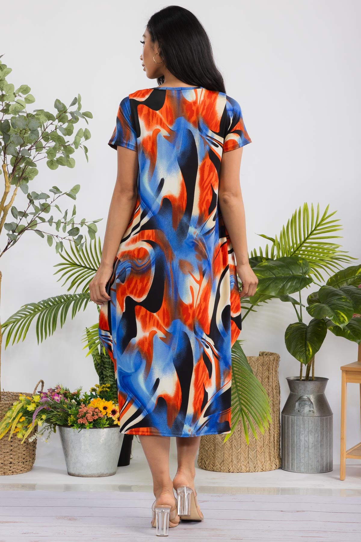 SAN151R-SWIRL - SHORT SLEEVE MIDI DRESS