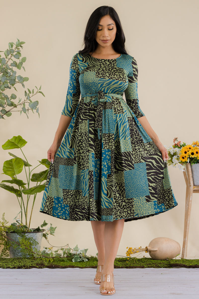 JR779X-PATCHWORK - 3/4 Sleeve Waist Tie Dress