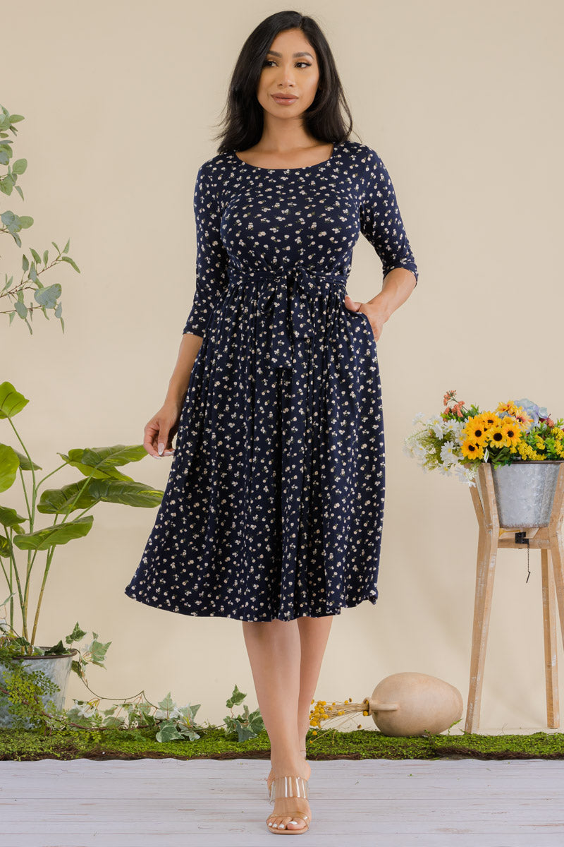 JR779X-DITSY - 3/4 Sleeve Waist Tie Dress