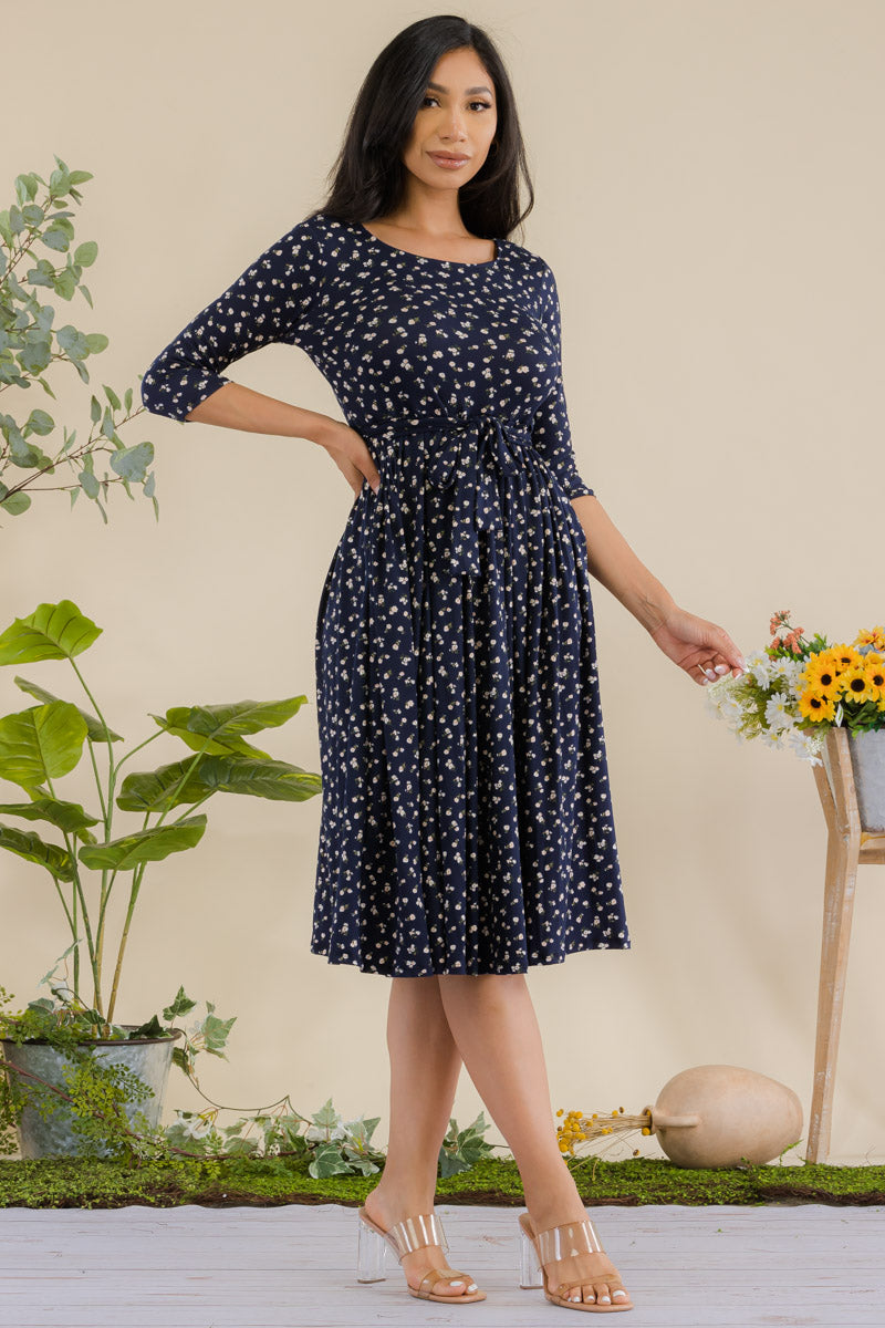 JR779X-DITSY - 3/4 Sleeve Waist Tie Dress