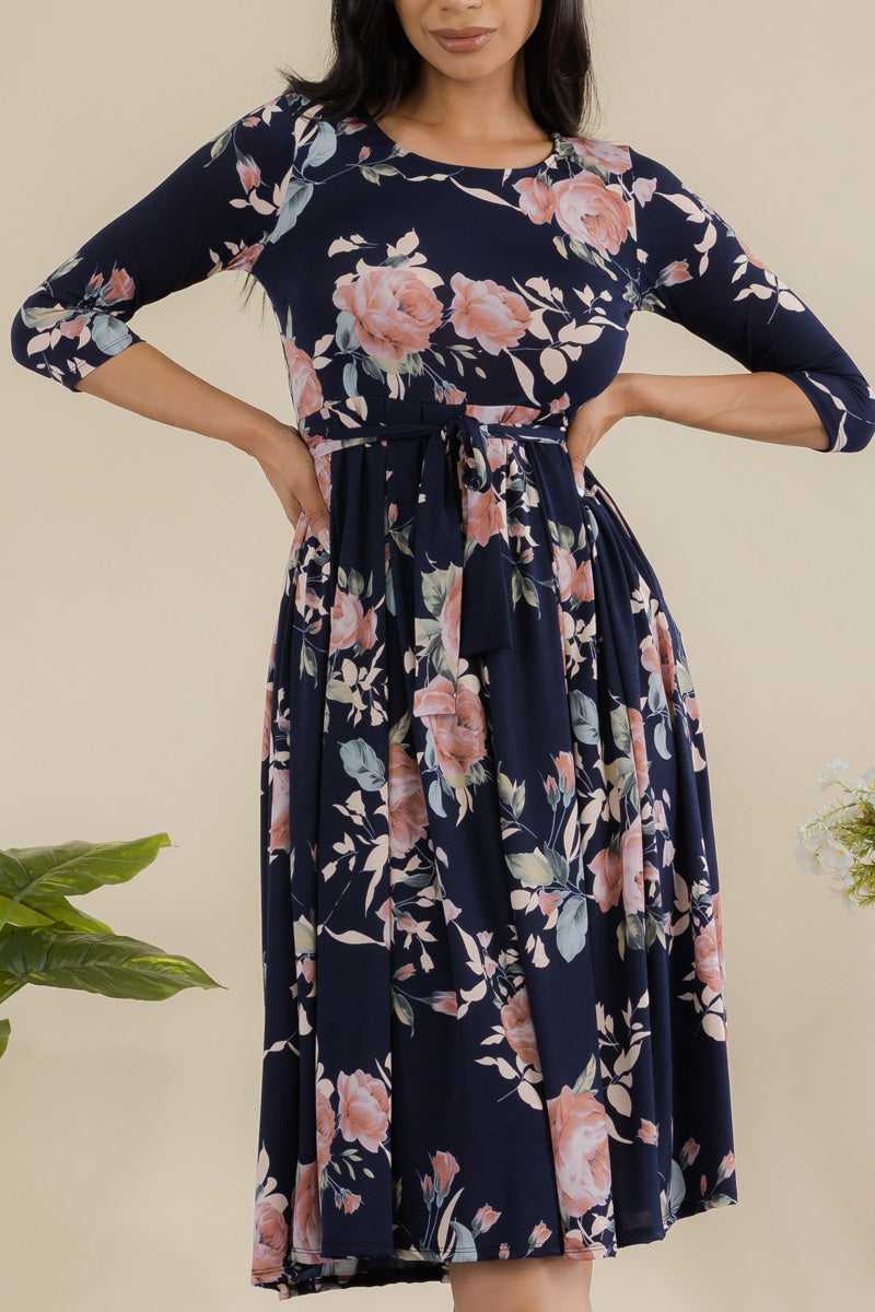 JR779X-ROSE - 3/4 Sleeve Waist Tie Dress