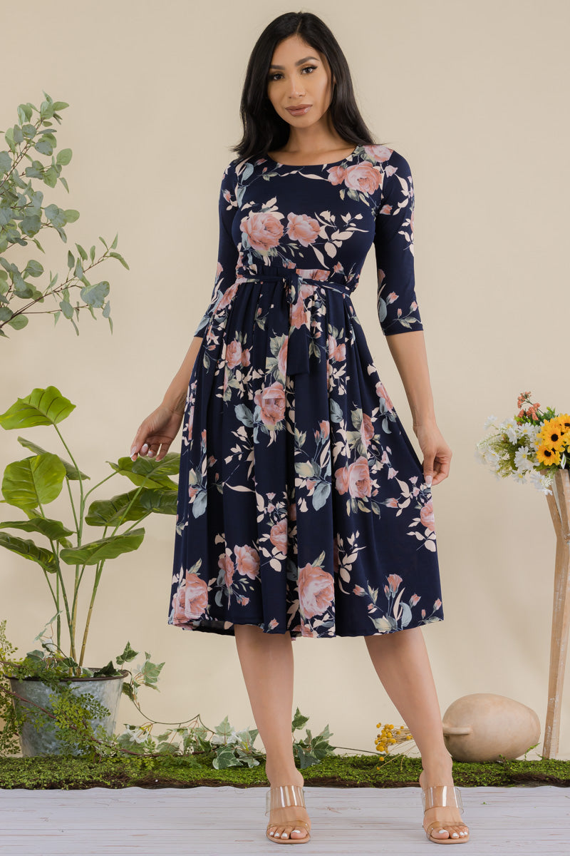 JR779X-ROSE - 3/4 Sleeve Waist Tie Dress