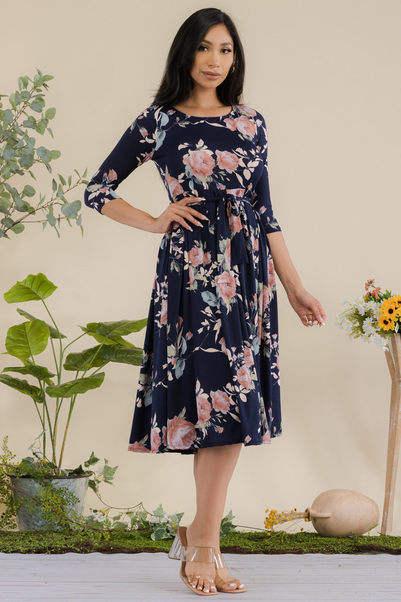 JR779X-ROSE - 3/4 Sleeve Waist Tie Dress