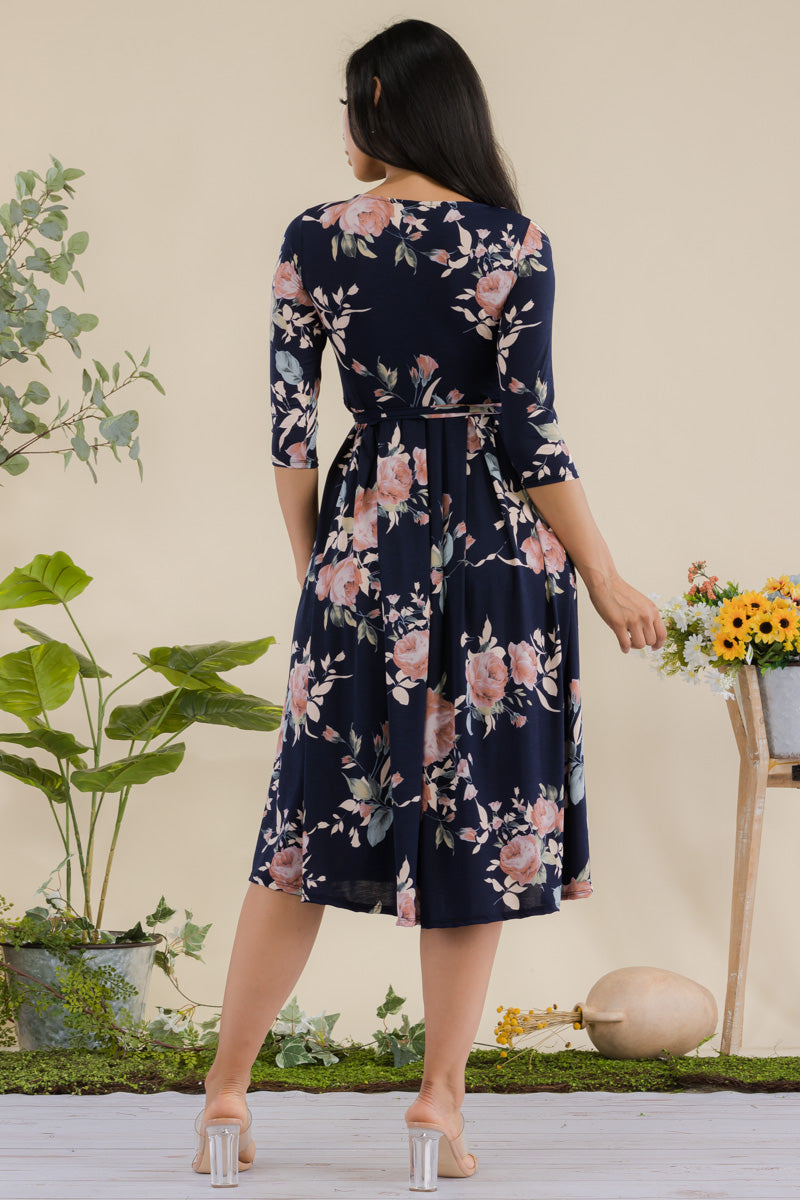 JR779X-ROSE - 3/4 Sleeve Waist Tie Dress