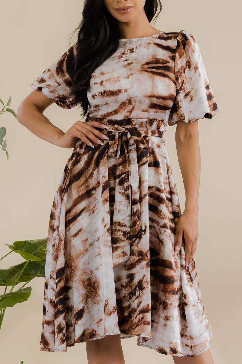 HH680R-TIGERSTRIPE - PRINCESS SLEEVE BELTED MIDI DRESS