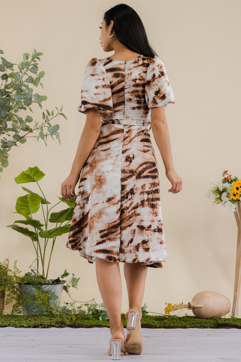 HH680R-TIGERSTRIPE - PRINCESS SLEEVE BELTED MIDI DRESS