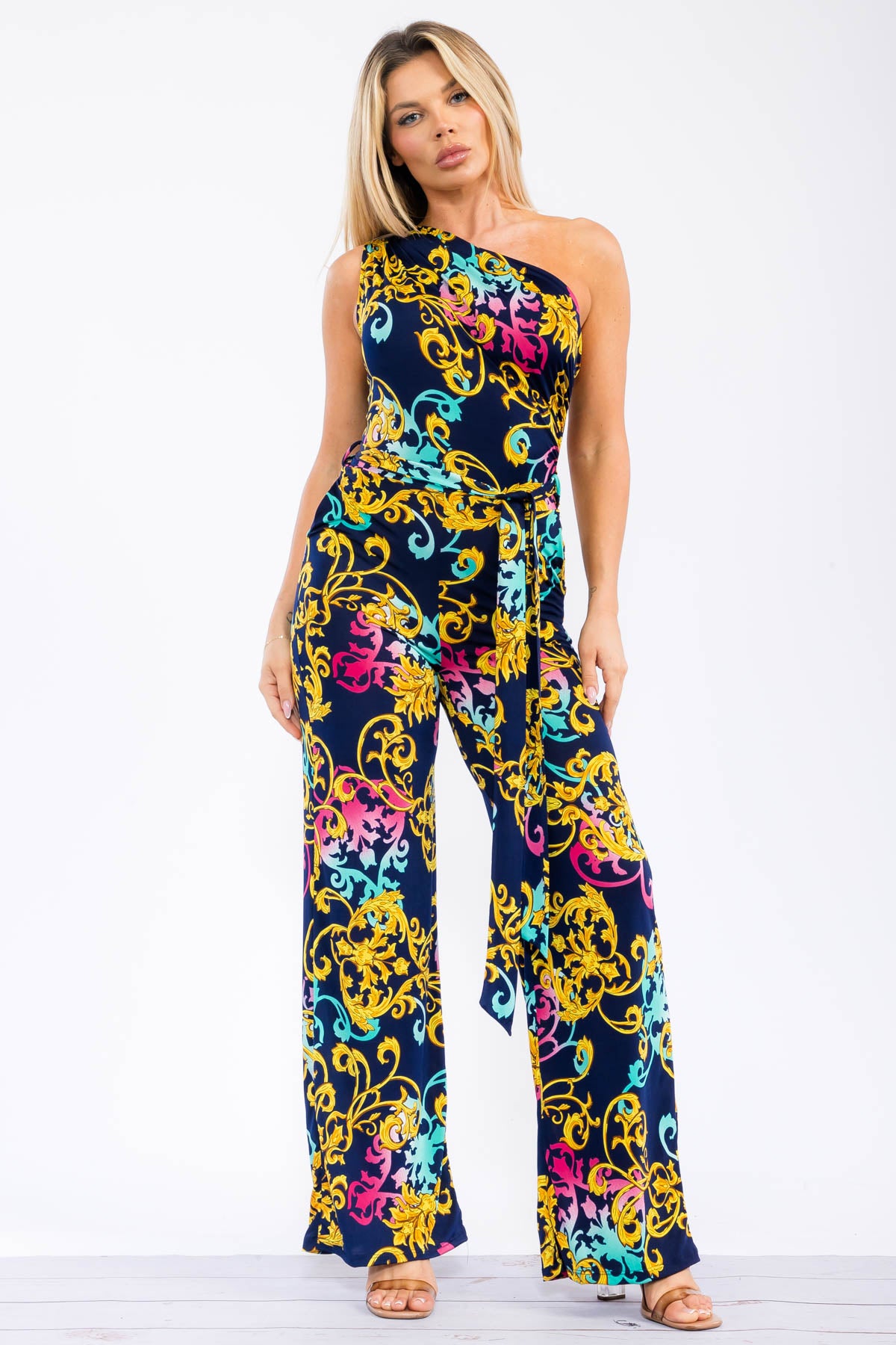 HH764X-BARQ - ONE SHOULDER WAIST TIE JUMPSUIT