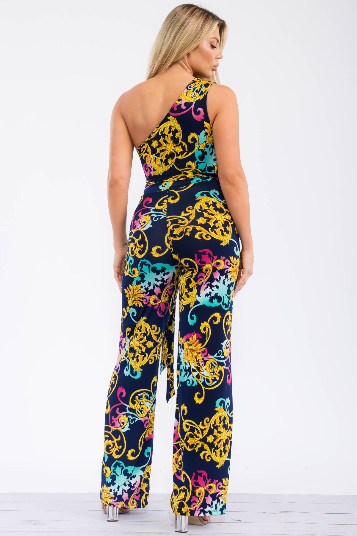 HH764R-BARQ - ONE SHOULDER WAIST TIE JUMPSUIT