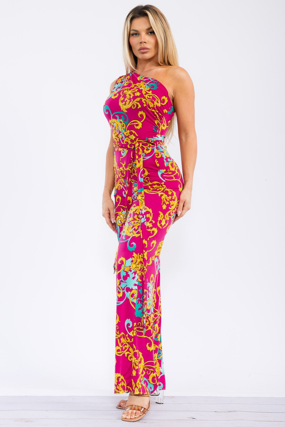 HH764R-BARQ - ONE SHOULDER WAIST TIE JUMPSUIT