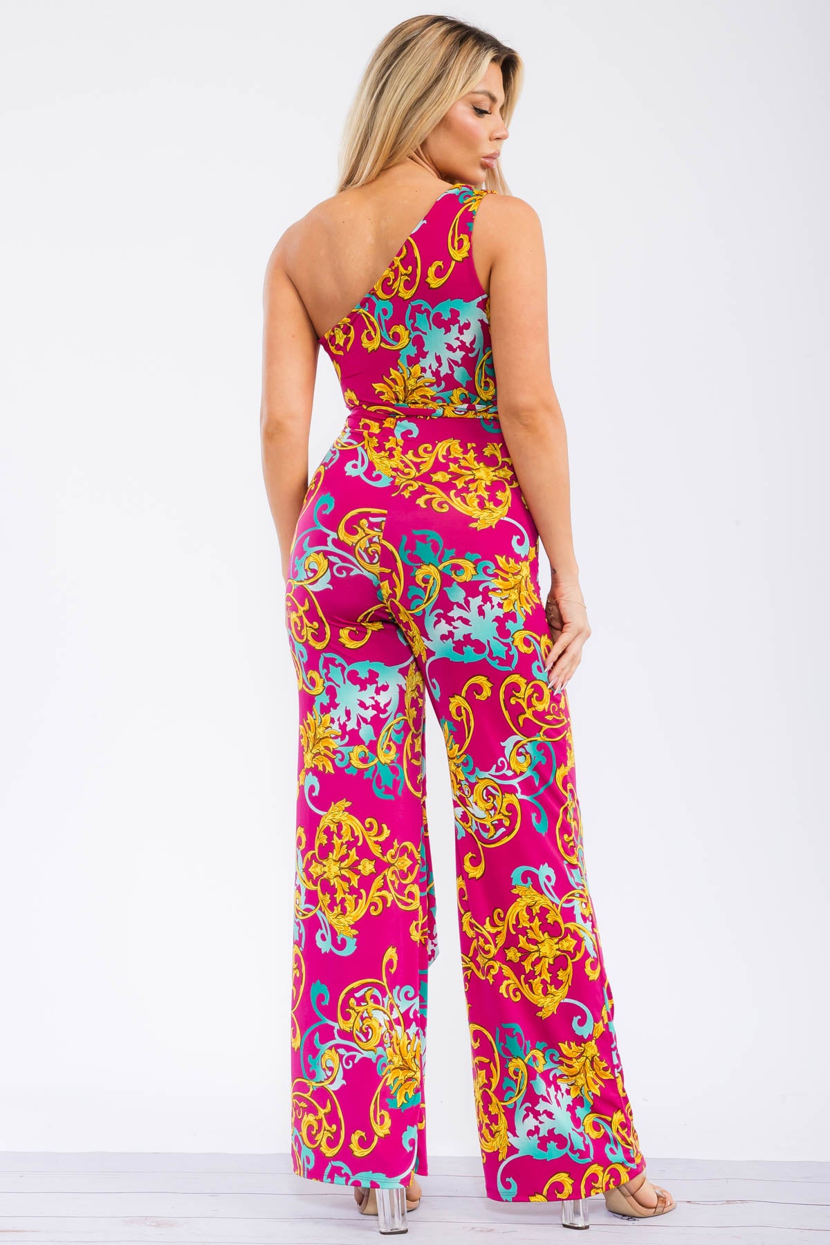 HH764R-BARQ - ONE SHOULDER WAIST TIE JUMPSUIT