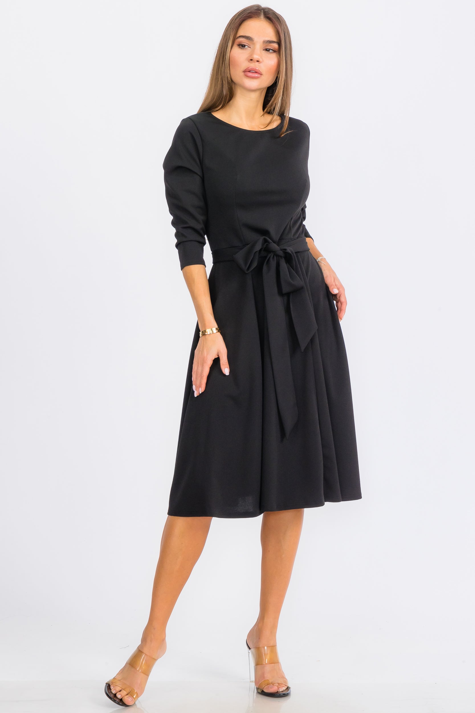 HH726C-X-S - TIE-WAIST LONG-SLEEVE DRESS PLUS SIZE