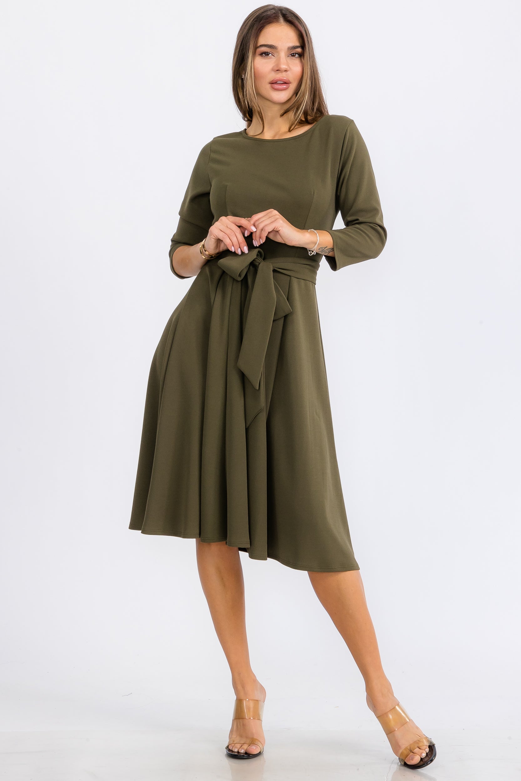 HH726C-X-S - TIE-WAIST LONG-SLEEVE DRESS PLUS SIZE