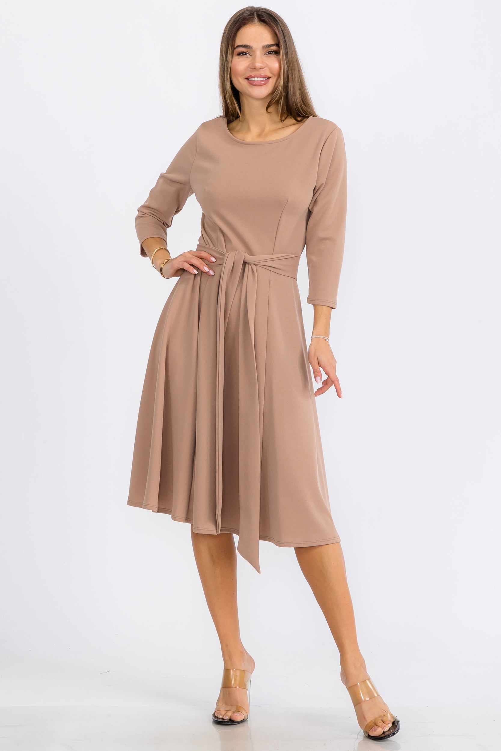 HH726C-X-S - TIE-WAIST LONG-SLEEVE DRESS PLUS SIZE