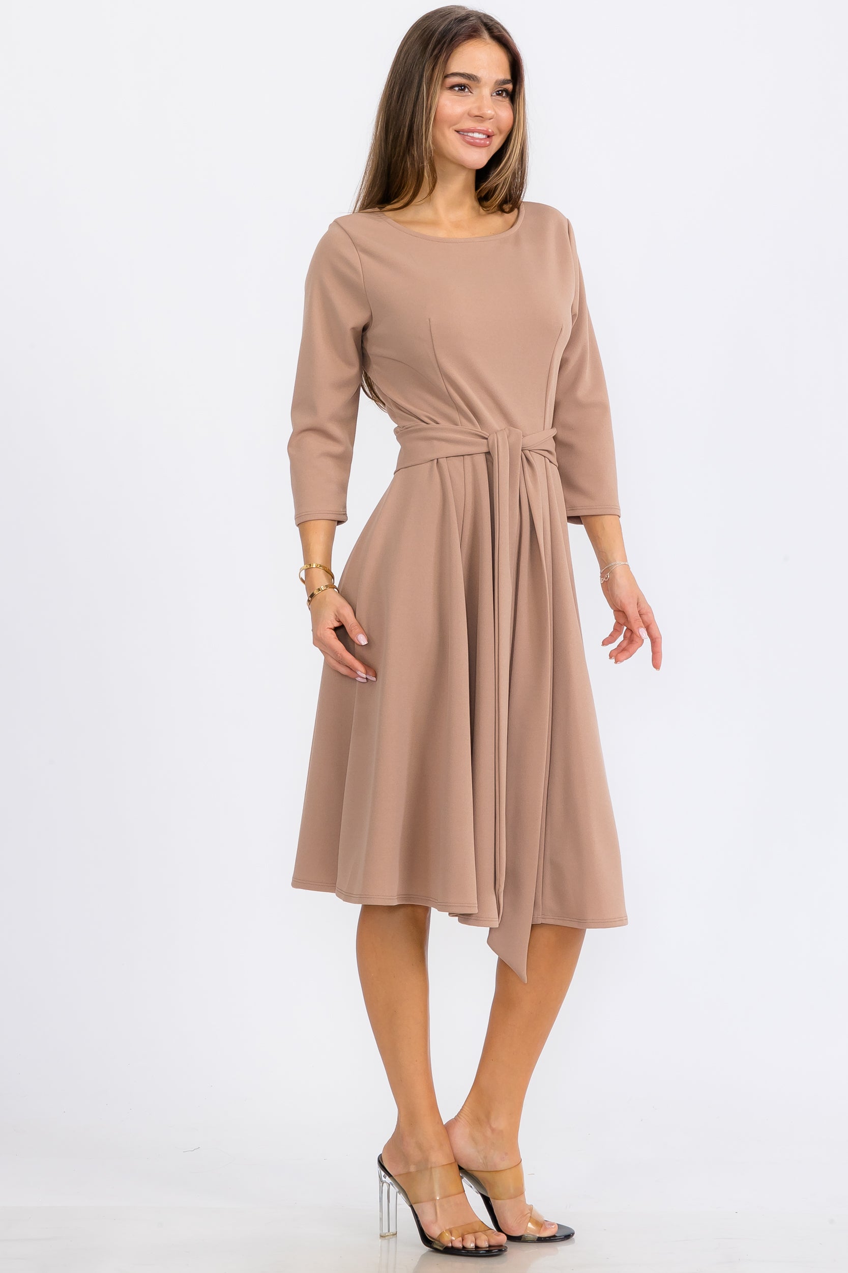 HH726C-X-S - TIE-WAIST LONG-SLEEVE DRESS PLUS SIZE