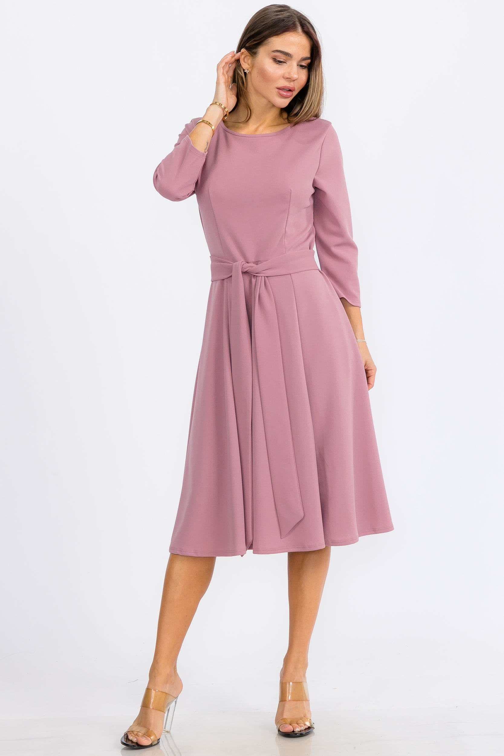 HH726C-X-S - TIE-WAIST LONG-SLEEVE DRESS PLUS SIZE