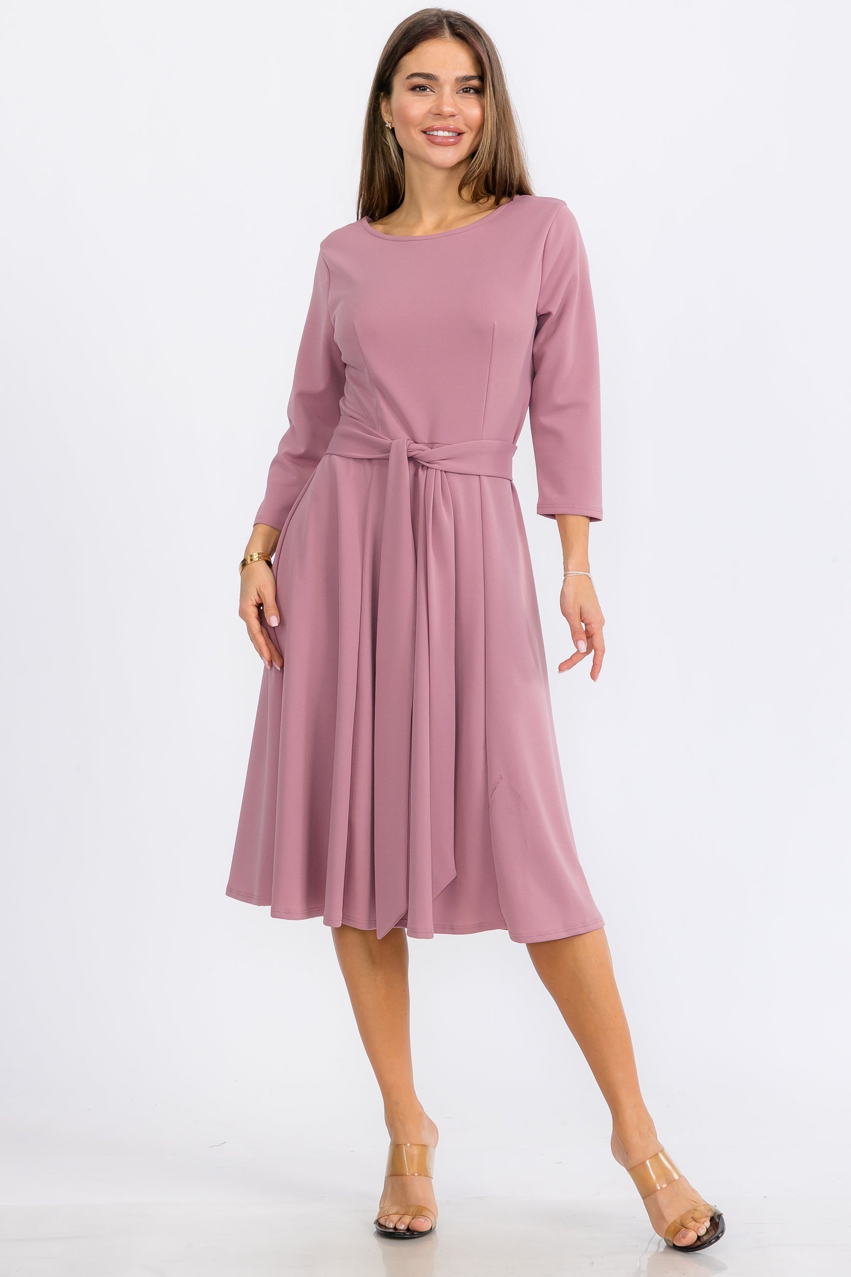 HH726C-X-S - TIE-WAIST LONG-SLEEVE DRESS PLUS SIZE