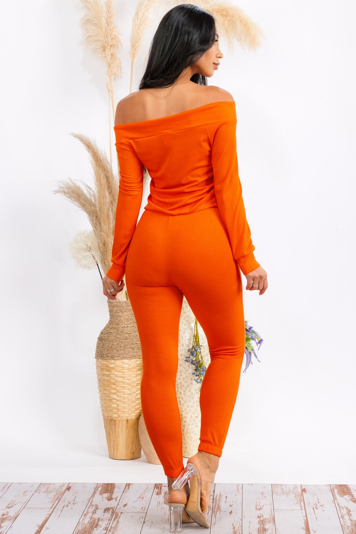 HH620R-SOLID - OFF SHOULDER JUMPSUIT