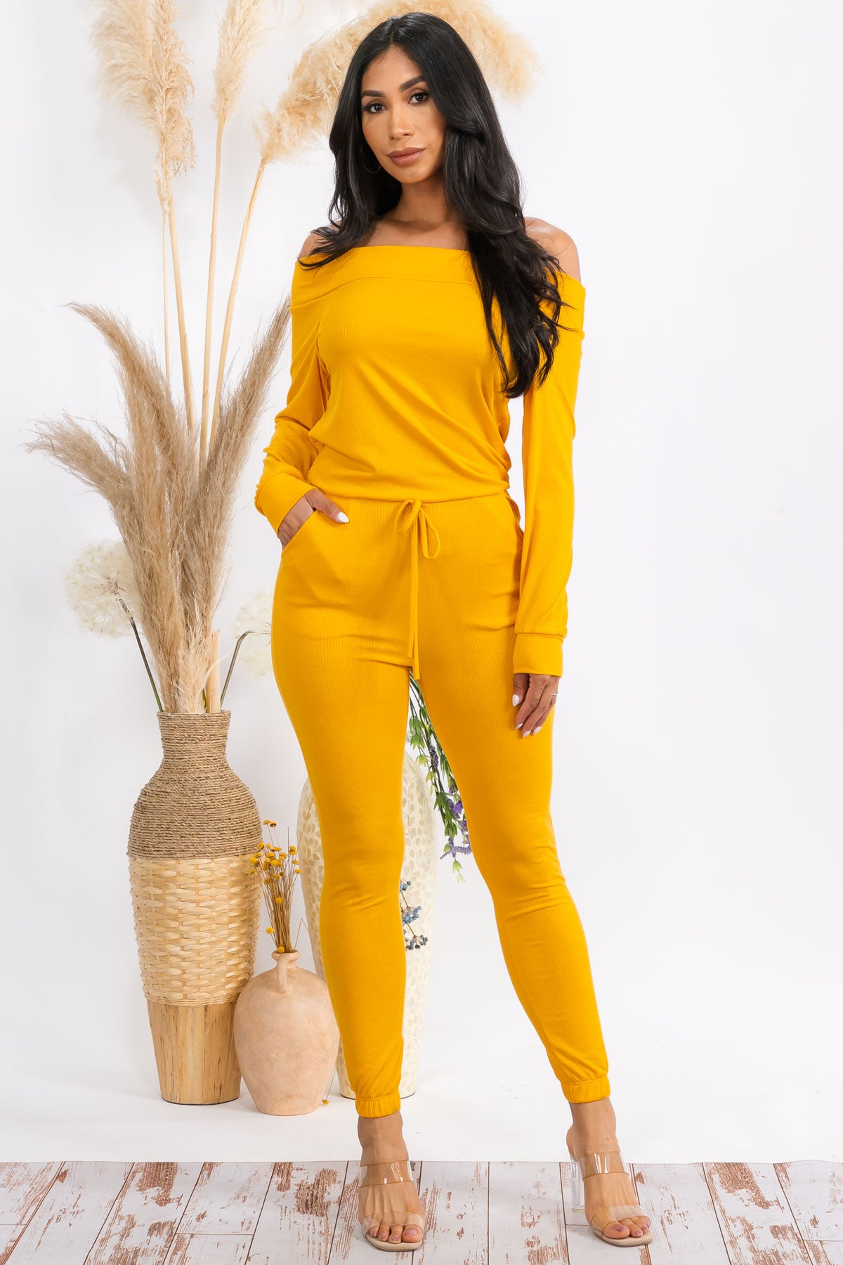 HH620X-SOLID - OFF SHOULDER JUMPSUIT